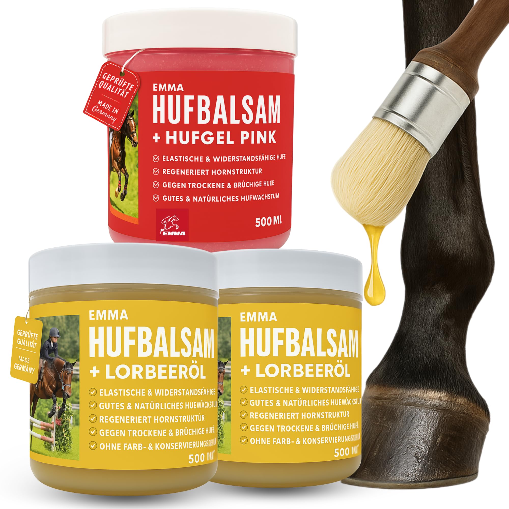 EMMA Huffett Pferd & Hufgel mit Lorbeeröl – 3×500 ml Hufpflege