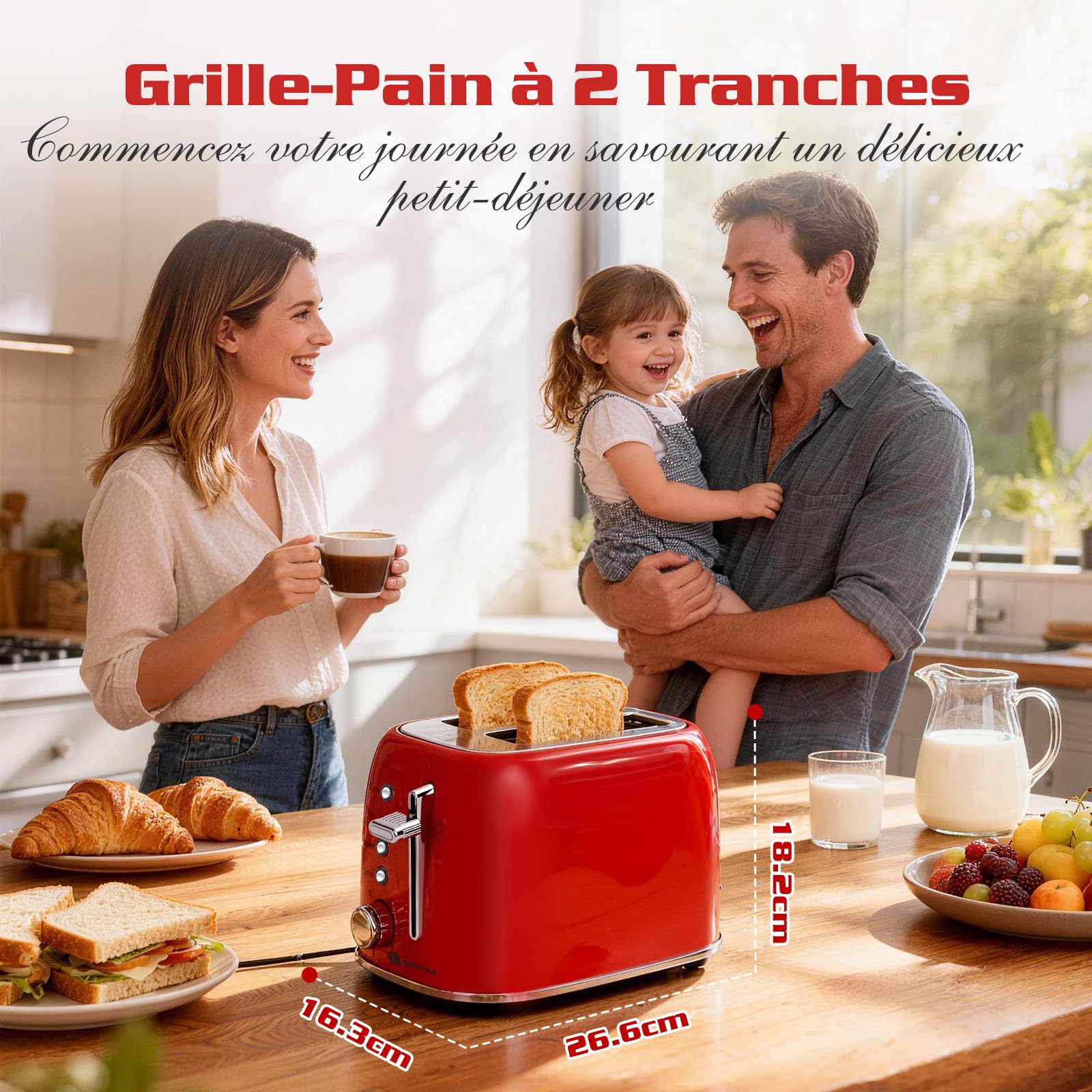 Aigostar Grille Pain, 2 Fentes Extra-Larges, Vintage Inox Rouge, Fonction Bagel/Décongélation/Réchauffage/Annulation, 6 Niveaux de Dorage, Tiroir Ramasse-Miettes Amovible, 800W