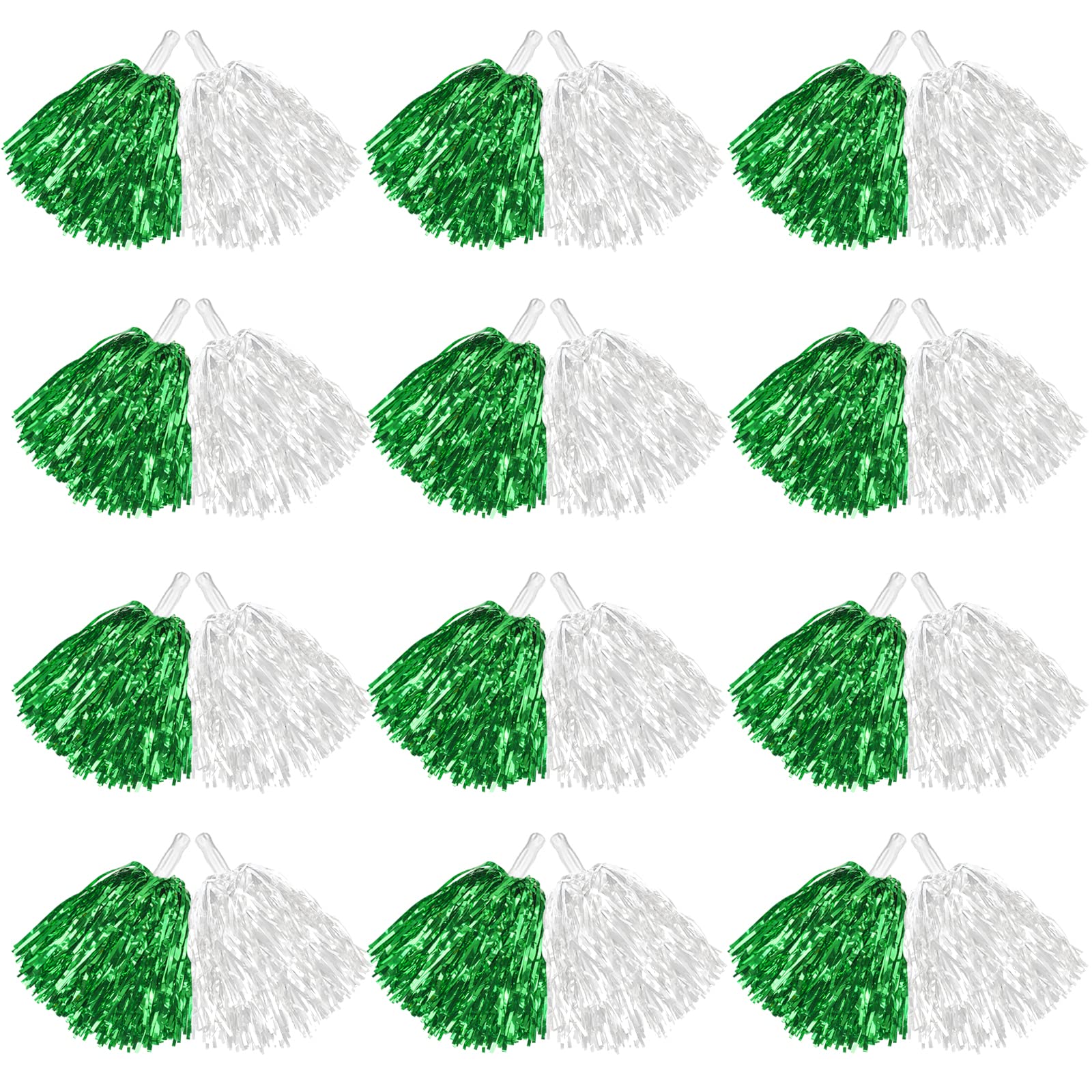 DILIBRA 24 Pcs Metallic Cheerleading Pom Poms with Baton Handle Green+White
