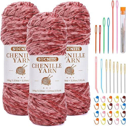 3 hilos de felpilla suave de 3.53 onzas, para tejer, hilo para manta suave con agujas de ojo grande para tejer, hilo de felpilla suave para tejer