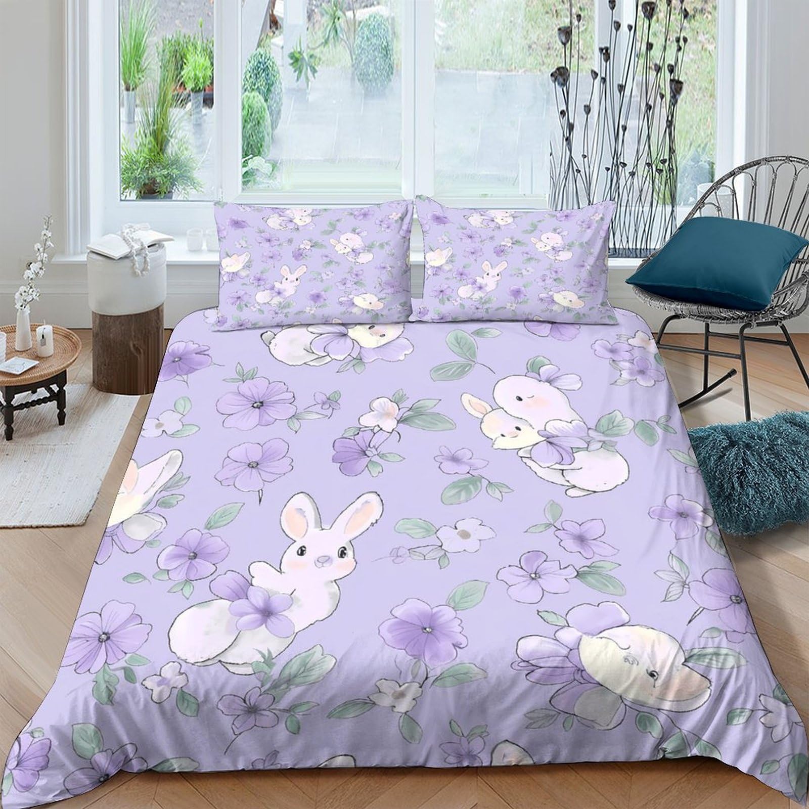 Ctjqhvkz Style-3 3D Printed Purple Bunny Fitted Sheet Microfiber Soft Anti-Slip Floral Mattress Cover For Bedroom Guest Room Easy Care Single（135X200cm）