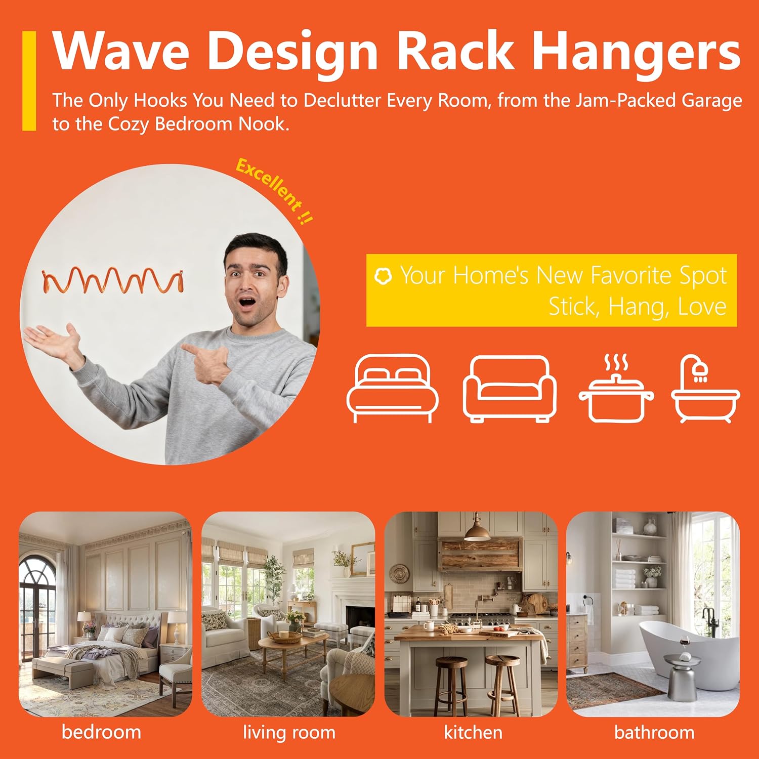 Orange Wave Wall Hook, Wavy Metal Wall Mounted Coat Rack with 4 Hooks, Modern Space Saving Decorative Organizer for Foyer, Kitchen, Closet