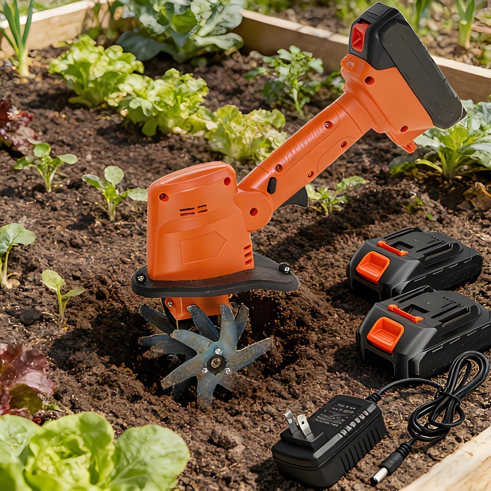 Labrador eléctrico inalámbrico para jardín con poste de extensión y dientes de acero, 10 cm de ancho y profundidad, ideal para labrar y sembrar semillas