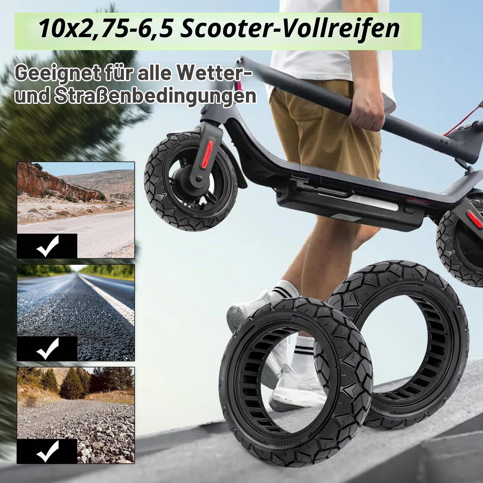 10x2,75-6,5 Off-Road Tubeless Ersatzreifen für Kukirin G3 Vollgummireifen | 10 Zoll Vollreifen Kompatibel mit Hiboy Max3, Dualtron 3, KuKirin G3 und Speedway 5, pannensicherer Vollgummireifen