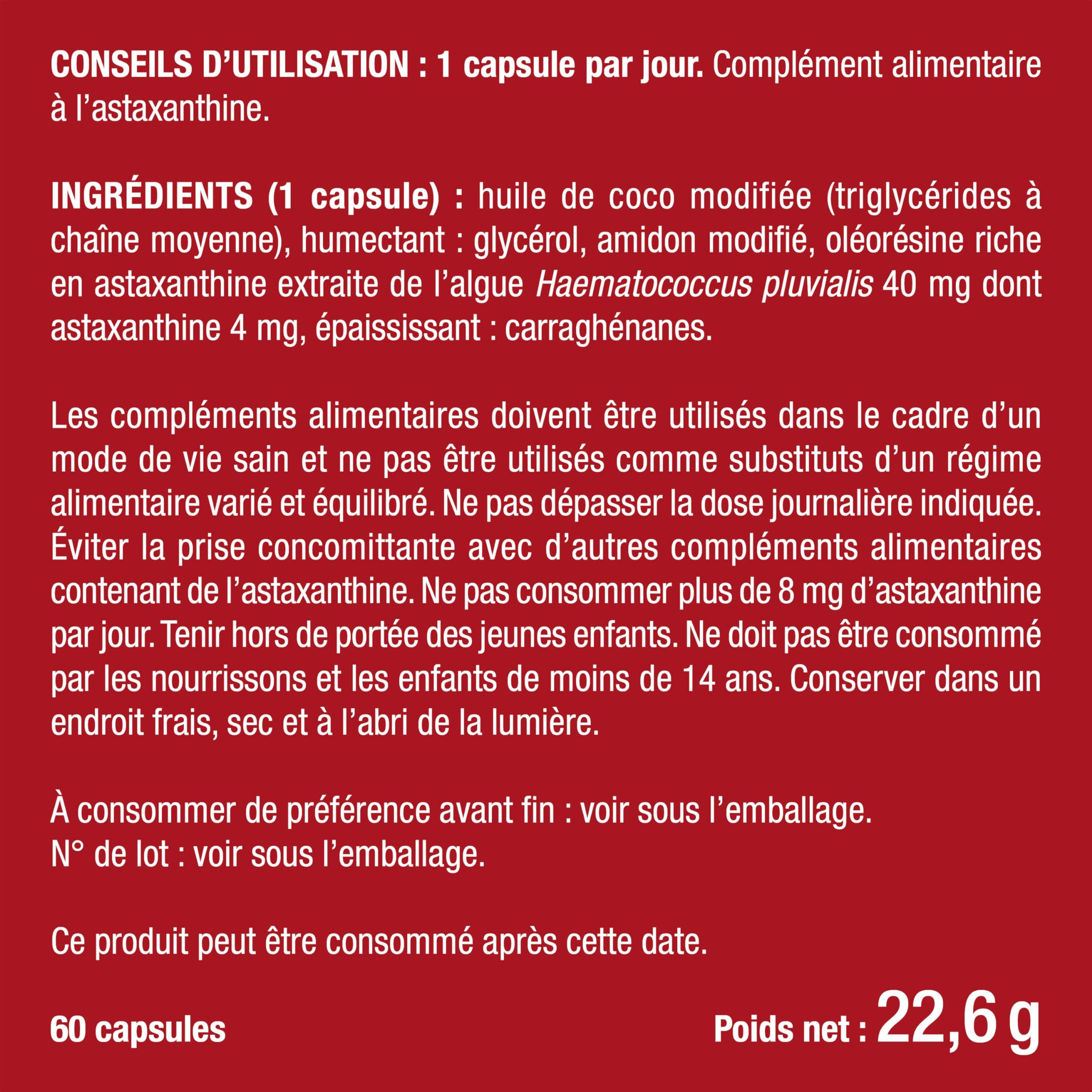 Astaxanthine - Extrait de Haematococcus Pluvialis 40 mg - 100% Naturel - Vegan - Antioxydant - Formule Premium - 60 Capsules - Nutrimea - Fabriqué en France