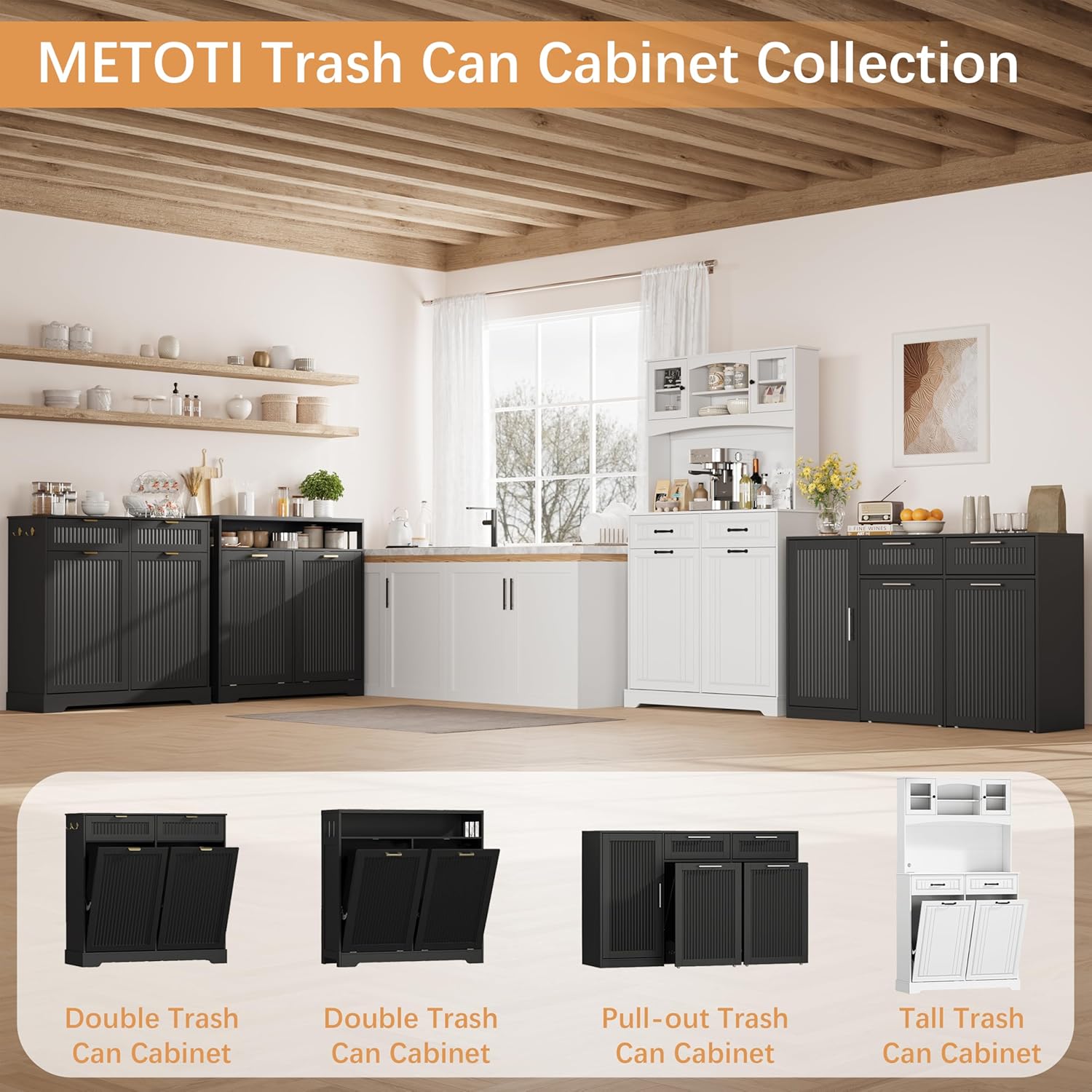 2 X 13 Gallons Double Pull Out Trash Can Cabinet with Storage, 54" Fluted Kitchen Trash Bin Cabinet with Adjustable Shelf & Drawers, Hidden Wood Pet Proof Trash Can Holder for Living Room, Black