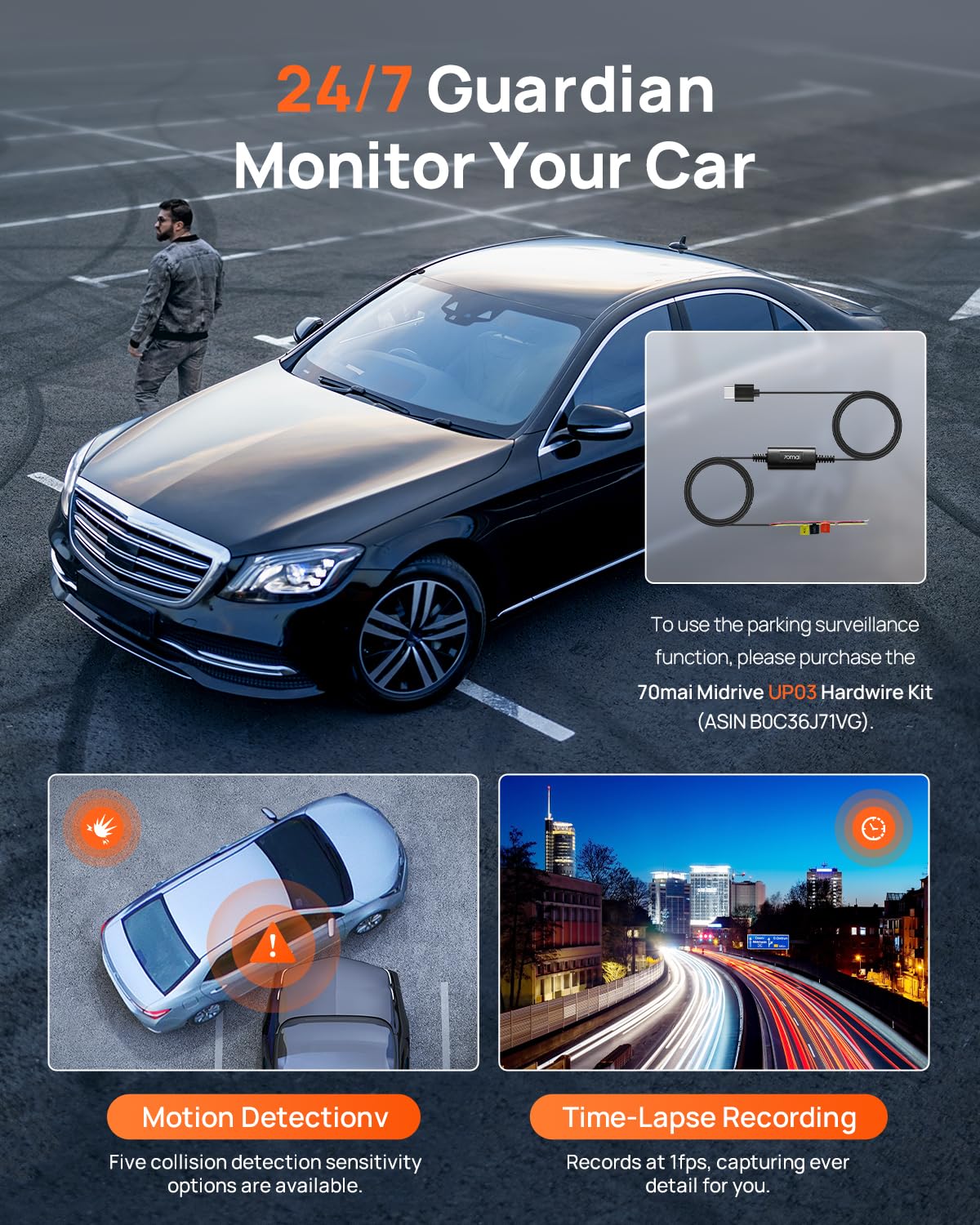 70mai A800SE Dashcam Auto Delantero Trasero 4K HDR 2160P+1080P con tarjeta SD de 128 GB, doble cámara de coche 3 pulgadas IPS, apertura F1.55 visión nocturna, 210 segundos, grabación previa de