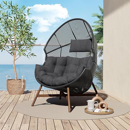 Grand patio Outdoor & Indoor Egg Chair PE Wicker Wood Grain Finish Comfortable Conversation Chair with Olefin Cushion Oversized Lounger Chair with Stand for Porch, Backyard, Living Room - Dark Grey