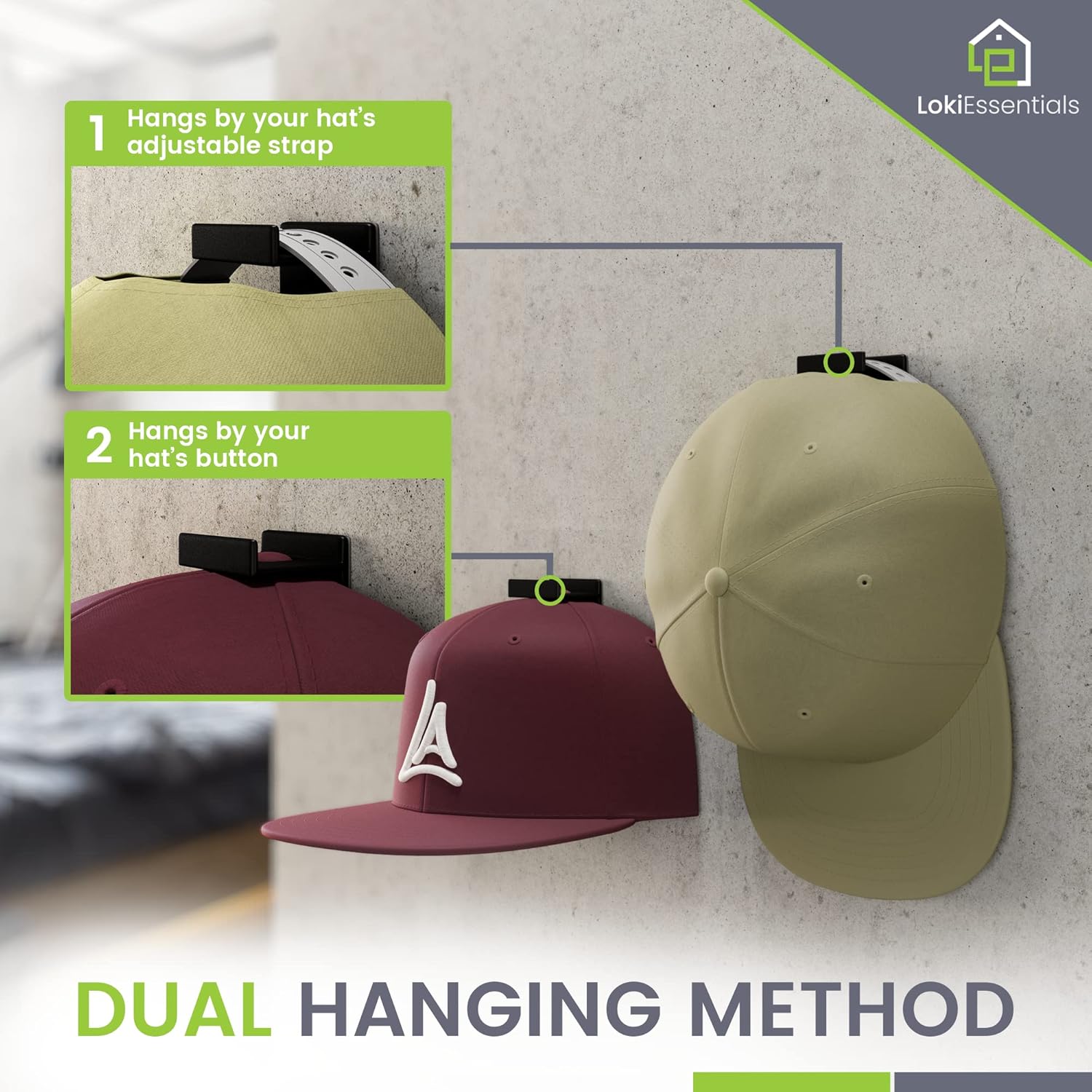 LokiEssentials Adhesive Hat Rack Display Hooks for Wall & Door (12 Pack) Baseball Cap Holder, Closet & Storage Organizer, Strong Cap Hanger for Room & Mancave, No Drilling, USA Patent Pending (Black) : Home & Kitchen