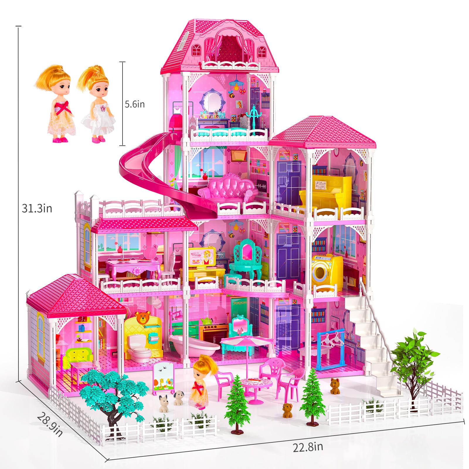 TEMI Doll House Dream House Girl Toys - 4 Stories 10 Rooms Dollhouse with 2 Princesses Dolls,Slide, Play House with Accessories, Toddler Playhouse Toy for Kids Ages 3 4 5 6 7 8+