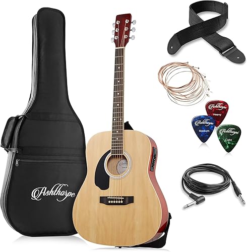 Ashthorpe Paquete de guitarra acústica y eléctrica Dreadnought de tamaño completo para zurdos - Tonewoods de primera calidad - Natural
