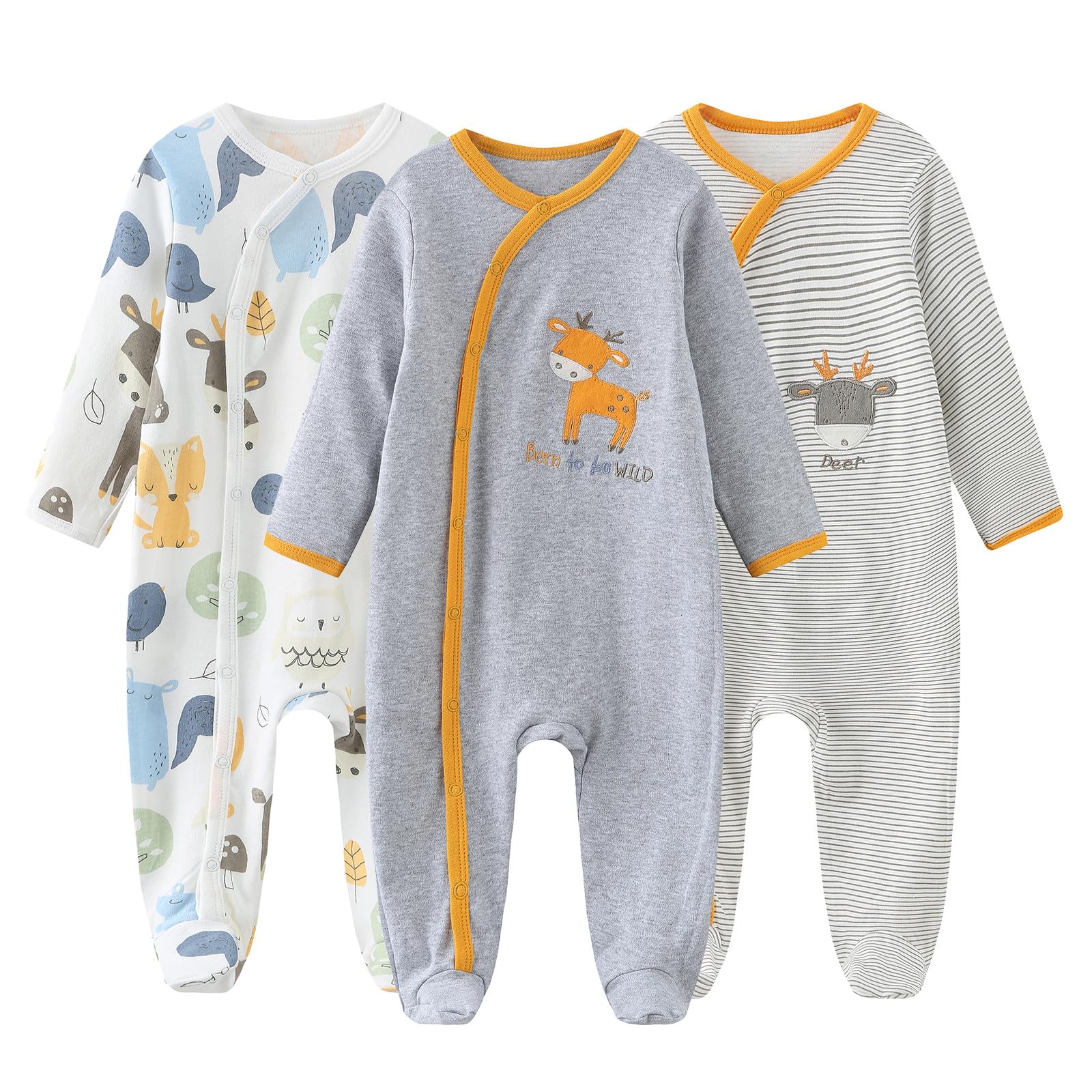 Baby Boys Girls Footies One-Piece Romper Long-Sleeve Jumsuit Cotton Newborn Clothes Set 3-Pack Baby Pajamas