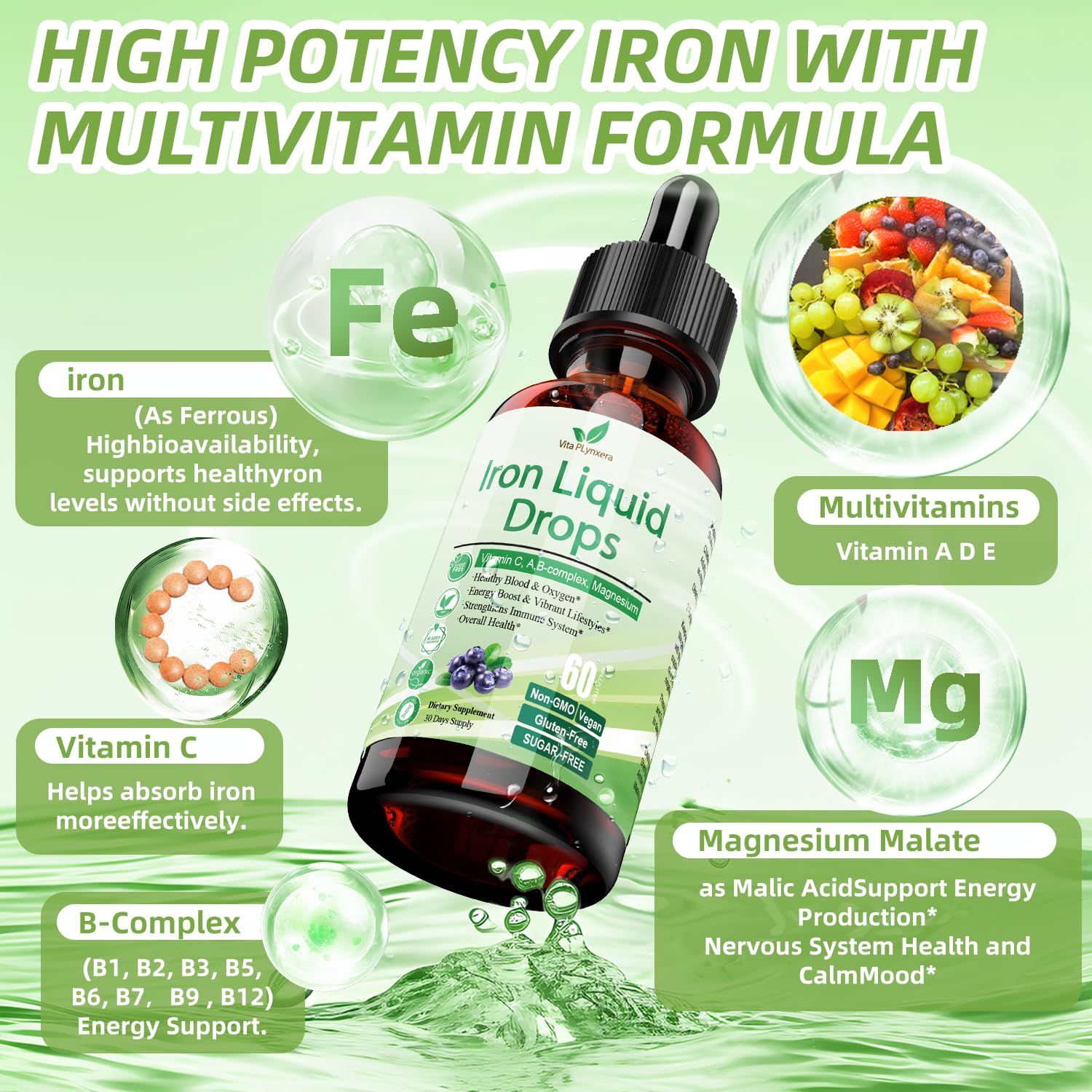 Liquid Iron Supplement for Women Men & Kids, Vegan Iron Drops with Vitamin C D, B12, B-Complex, High Potency Liquid with Multivitamin for Anemia, Energy Support, Blood, Magnesium Gentle — Amazon image 2