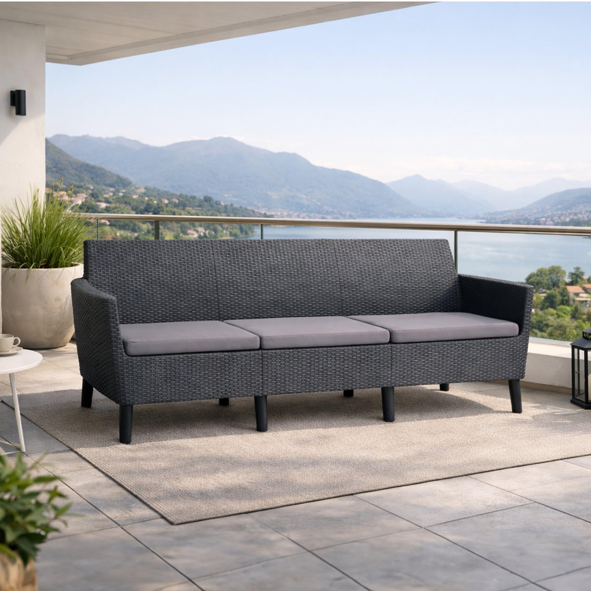 Dmora Divano da Esterno Tufino 66.5x187 cm Nero Antracite 3 Posti Resistente ai Raggi uv, Cuscini Inclusi