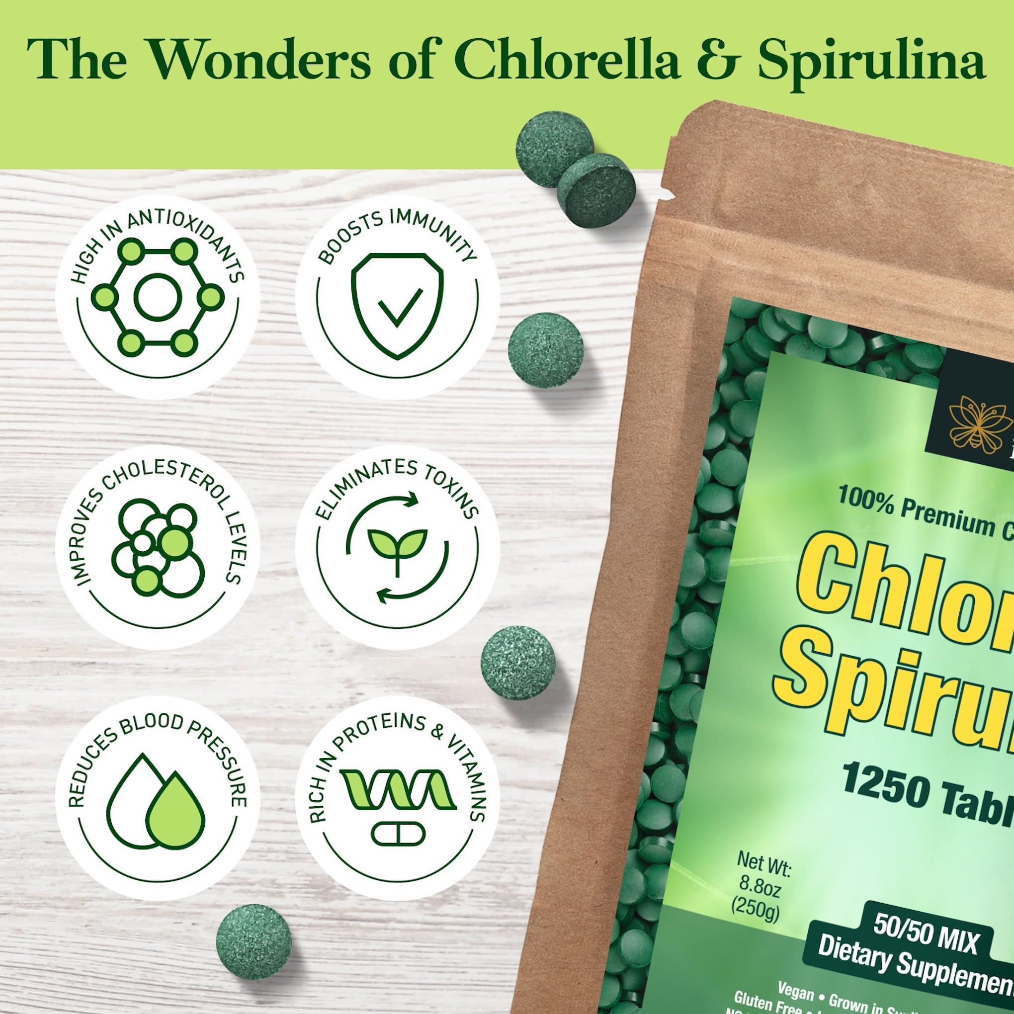 Spirulina Chlorella Tablets - Spirulina Capsules - Chlorella Tablets 1250 — Amazon image 2