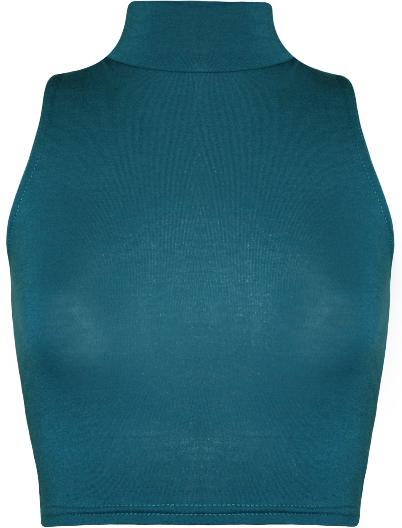 Wearall Women's Teal Turtle Neck Crop Short Plain Sleeveless Polo Look Vest Top - 8/10