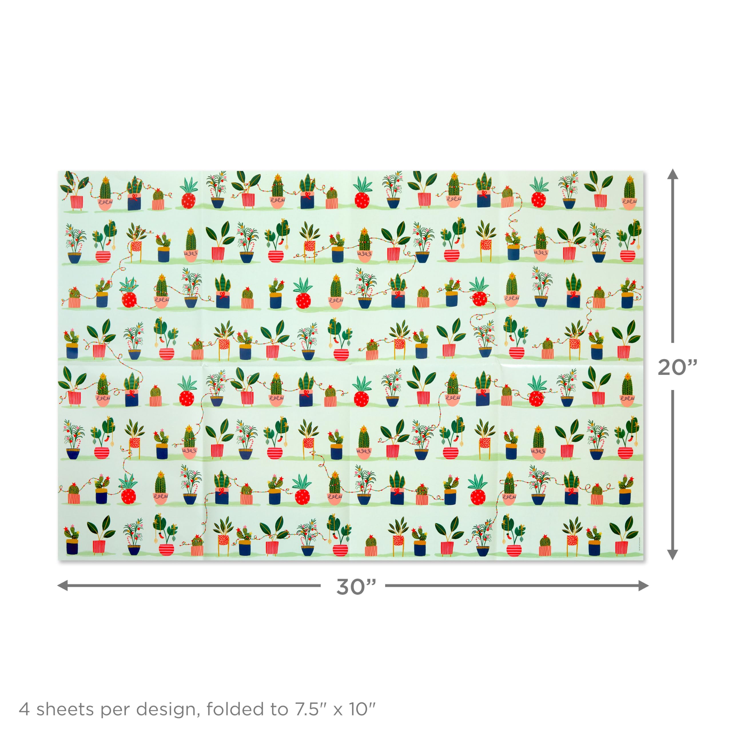 Hallmark Süßes Weihnachts-Geschenkpapier mit Cutlines auf der Rückseite (12 gefaltete Bögen mit Aufkleber-Geschenkanhänger) Rosa, Mintgrün, Pflanzen, Kaktus, Geschenke, Ornamente