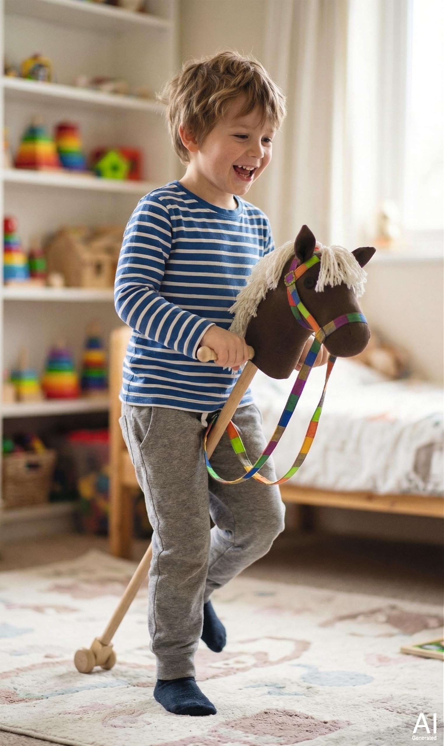 Caballo De Hobby Goki De 97 Cm – Palo De Madera Con Cabeza De Algodón De Colores Para Juego Imaginativo