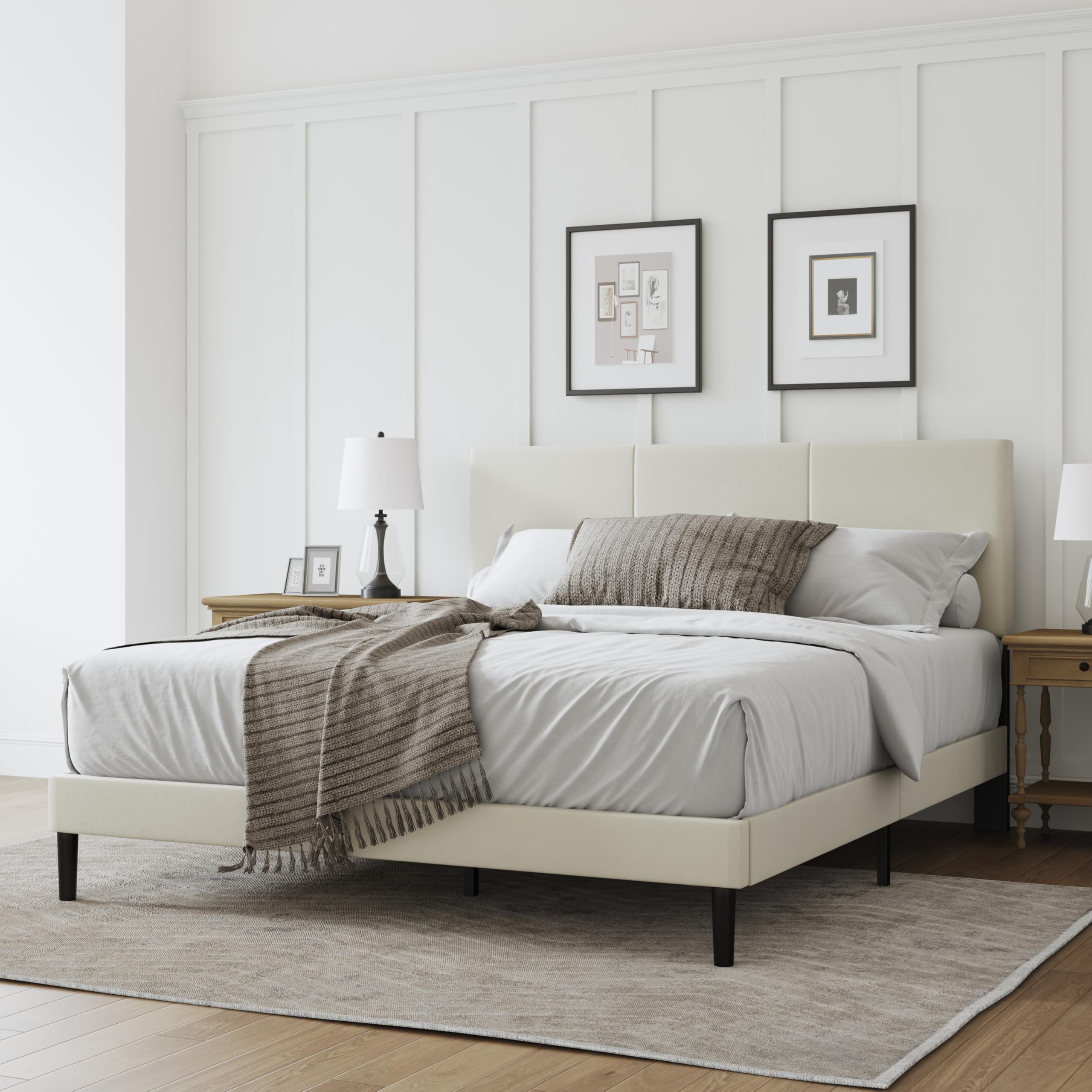 Queen Size Bed Frame with Headboard – Elegant Upholstered Vertical Channel Tufted Heavy Duty Platform Bed Frame with Slats, No Box Spring Needed, Easy