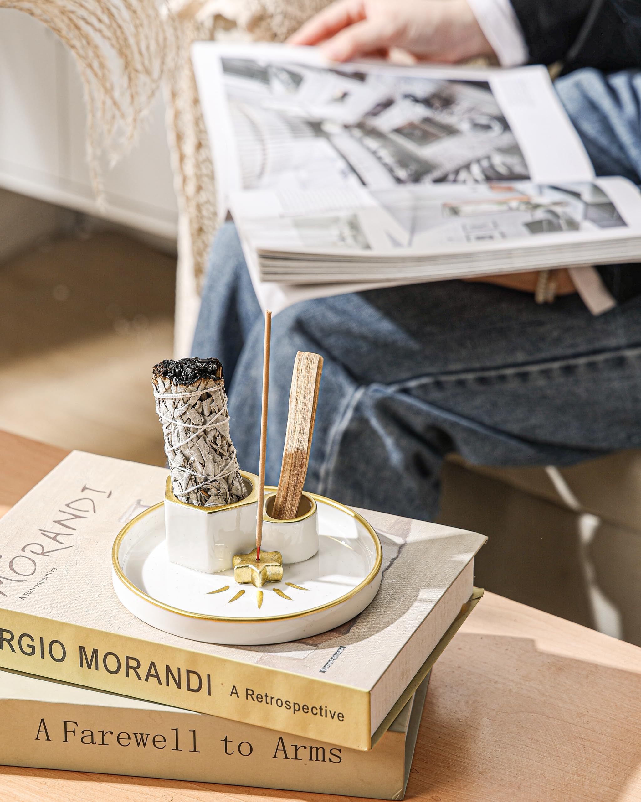Incense Holder Burner, Ceramic Incense Holder for Palo Santo Sage Cedar Bundles Incense Sticks and Candle, Smudge Dish for Meditation Yoga, Modern Home Decor (Gold-Star)