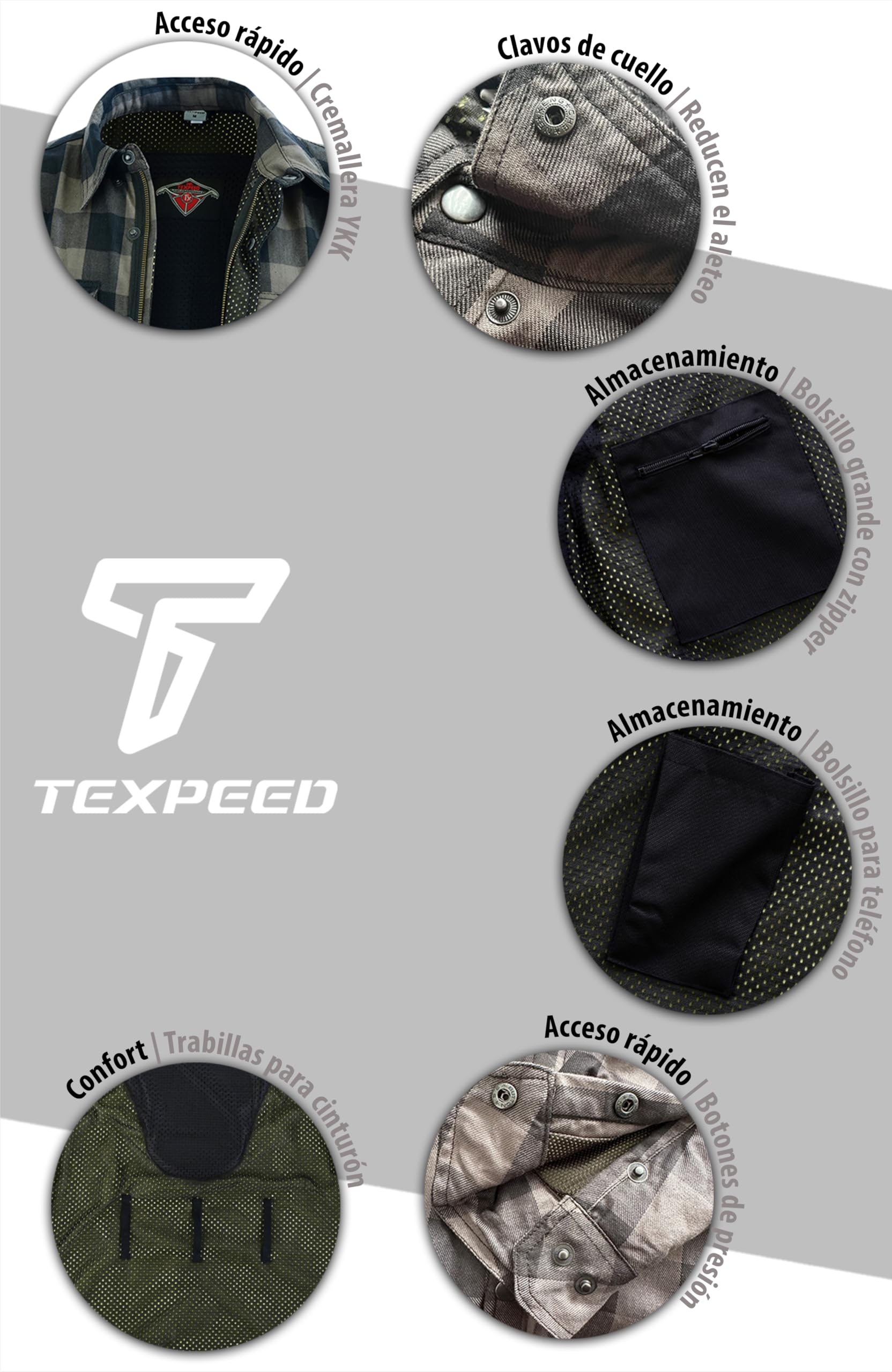 Texpeed Camisa moto hombre protecciones - Chaqueta de cuadros de motociclista fabricada con Aramid 280 g/m2 con armadura de protección (EN 1621-1) Gris - L