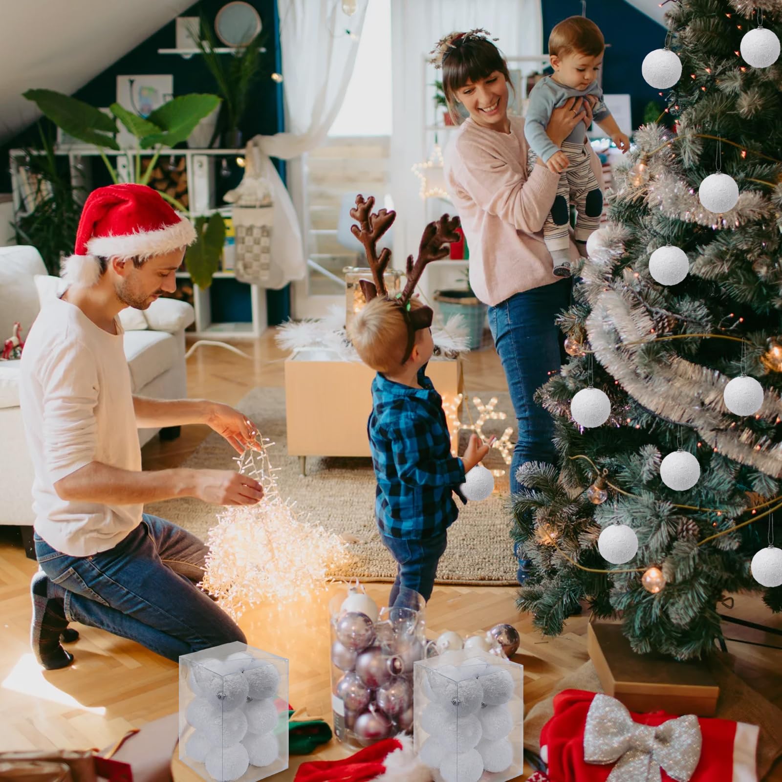 HO2NLE 12pcs White Christmas Baubles - 8cm Shatterproof Glitter Snow Ball Xmas Hanging Pendants for Christmas Tree & Party Decoration - Image 4