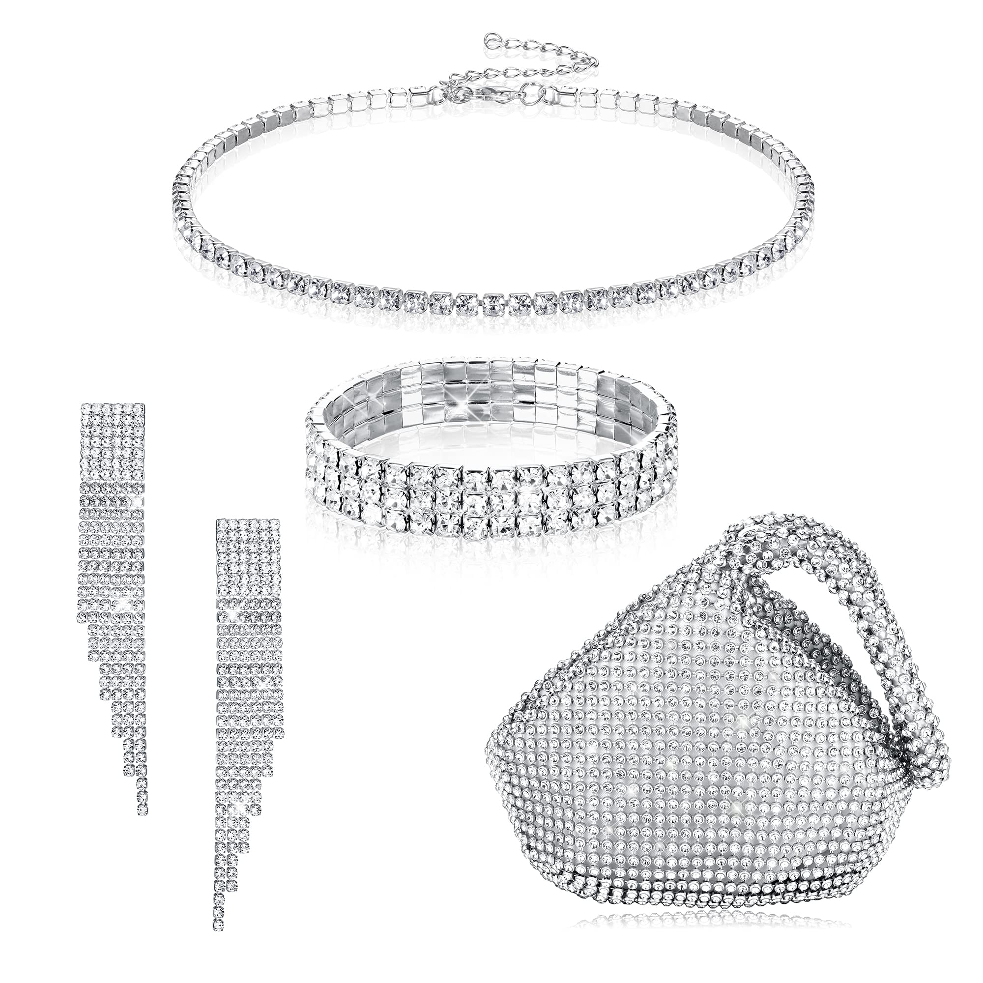 LOLIAS 4 Piezas Conjunto Joyas Cristal Diamantes Imitación para Mujer Gargantilla Imitación Collar Pendientes Colgantes Borla Pulsera Elástica Triángulo Bolso Mano Purpurina para Fiesta Bodas