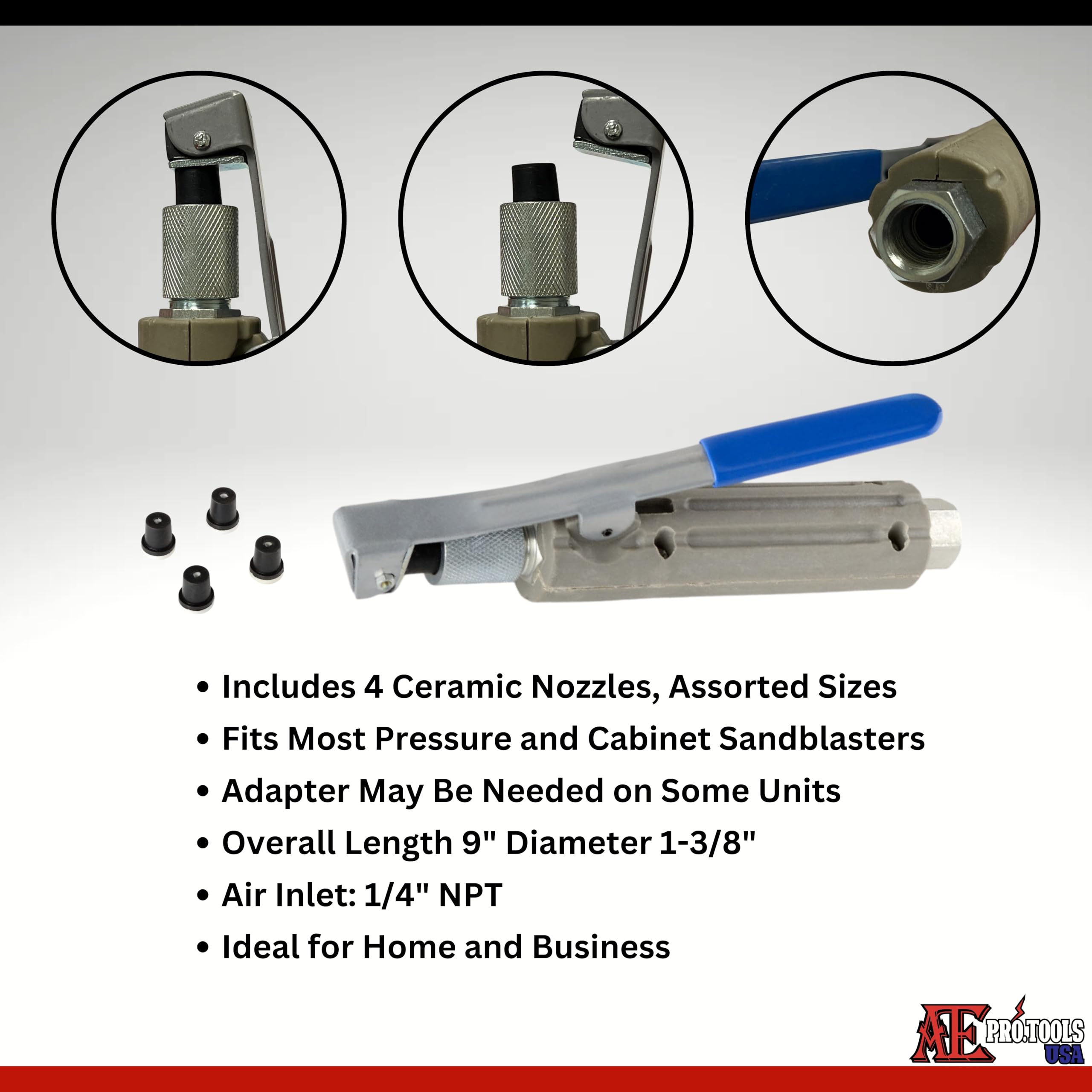 ATE Pro. Tools - Sand Blaster Kit, Sandblaster Siphon Feed Gun Nozzle, Sand Blasting Gun with 10 ft. Hose, Abrasive Blaster Nozzle Gun w/Tips, Suction Pipe, Removes Paint, Stain, Rust, Grime