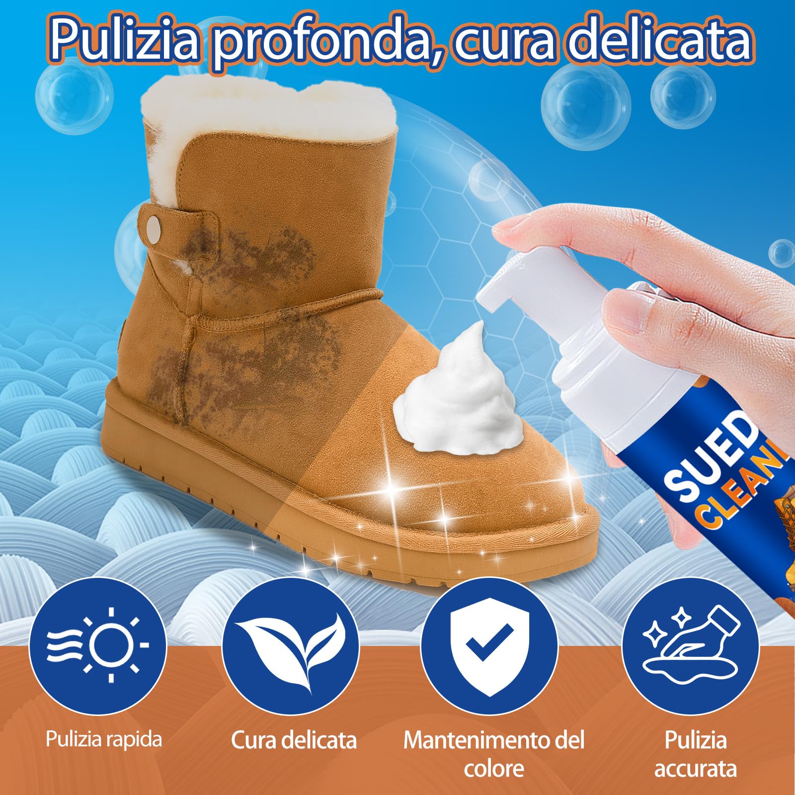 Kit Pulizia Scarpe 200ml, Pulisci Scarpe in Schiuma Delicato per Pulizia Scarpe Scamosciate, con Spazzola, Asciugamano e Spugna, Rimuove Macchie e Ripristina il Colore di Camoscio e Nabuk - 2