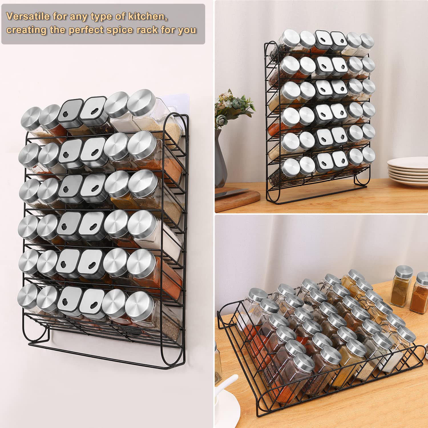 Miorkly Scaffale portaspezie con cassetto da parete+35 barattoli per spezie senza foratura, 6 ripiani, sistema di scaffalatura per porta dell'armadio, organizer per spezie rotondo e angolare, in vetro