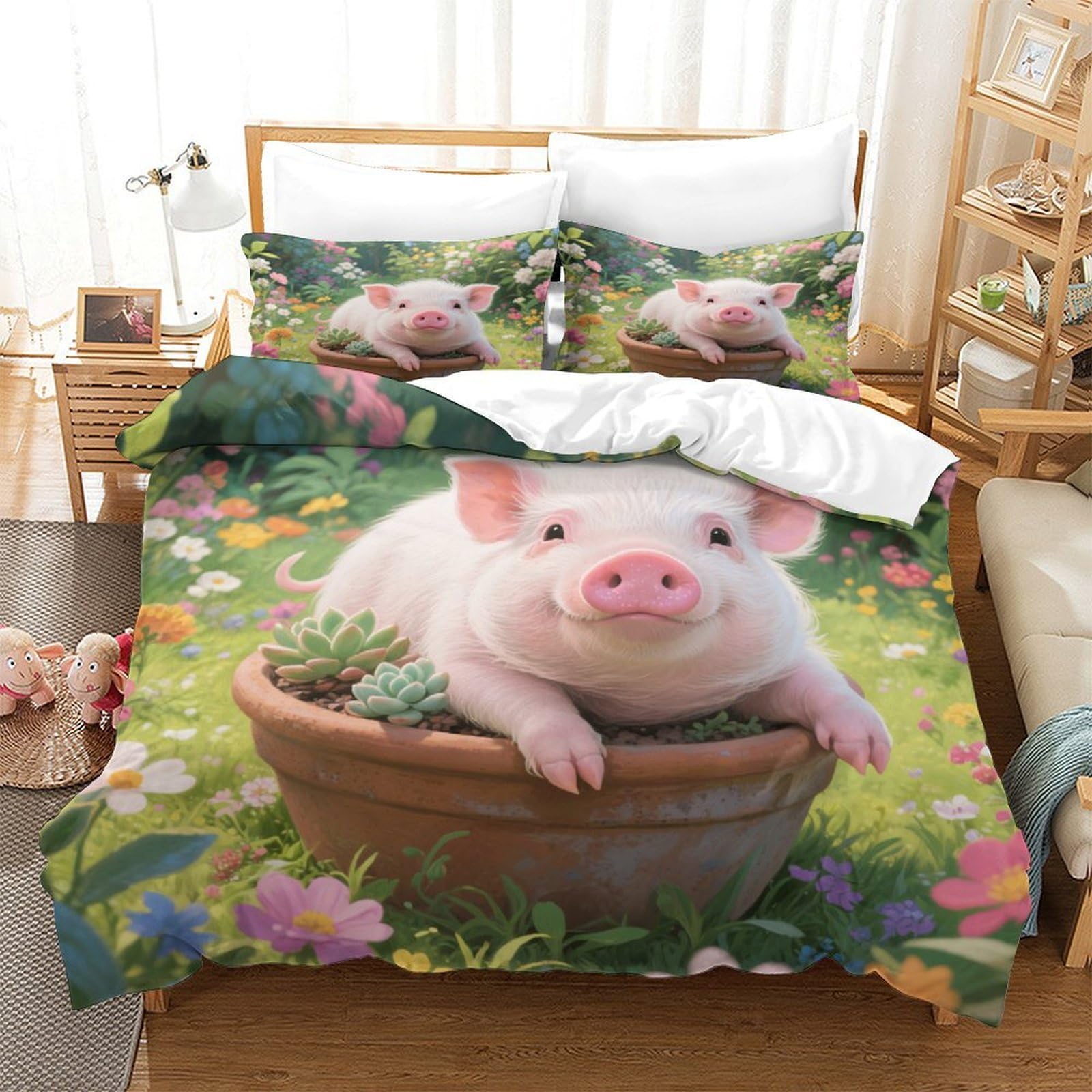 Niedliches Schweinchen isst Nudeln Bettbezug 3D Gedruckt Mikrofaser Pflegeleicht Schlafkomfort Bettdeckenbezug 3 Teilig Weich Reißverschluss mit Kissenbezug Atmungsaktiv for Männer & Kinder