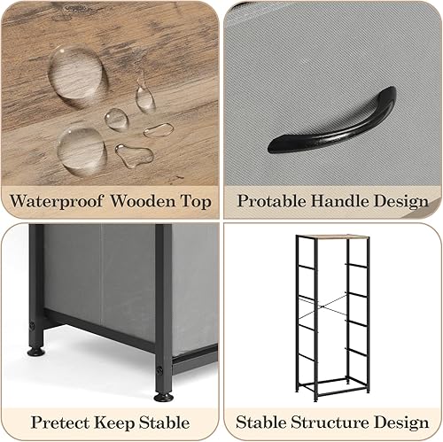 Miniatura 6 de MOOACE Cómoda de 5 cajones para dormitorio, cajones altos de almacenamiento de tela, unidad organizadora de torre con parte superior de madera para