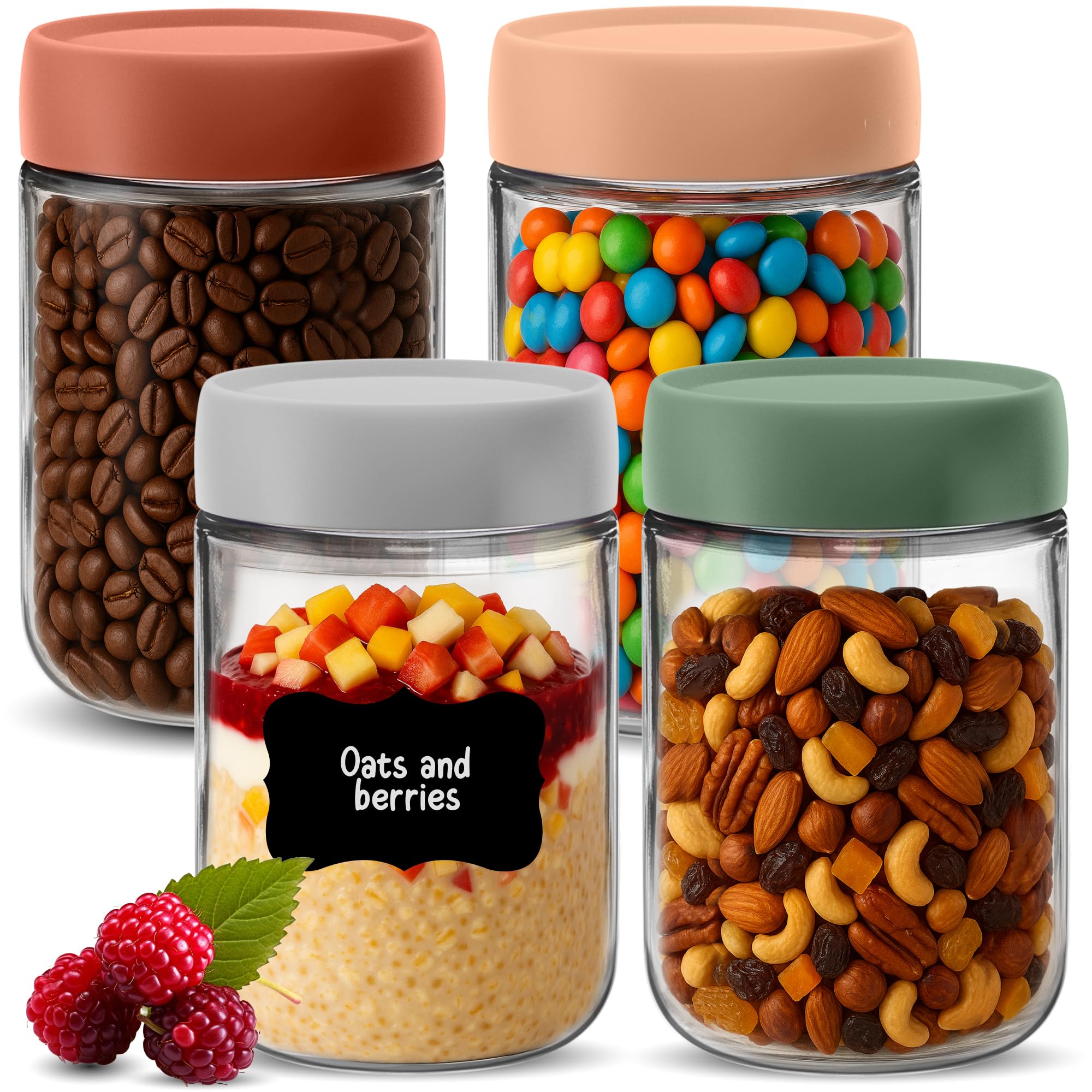 HEFTMAN Overnight Oats Jars with Lids - 4 Pack 600ml Overnight Oats Jar with Airtight, Colourful Screw Lids Food-Safe Glass Breakfast Pots with Lids for Yogurt, Chia Pudding - 21oz, Reusable (4 PCS)