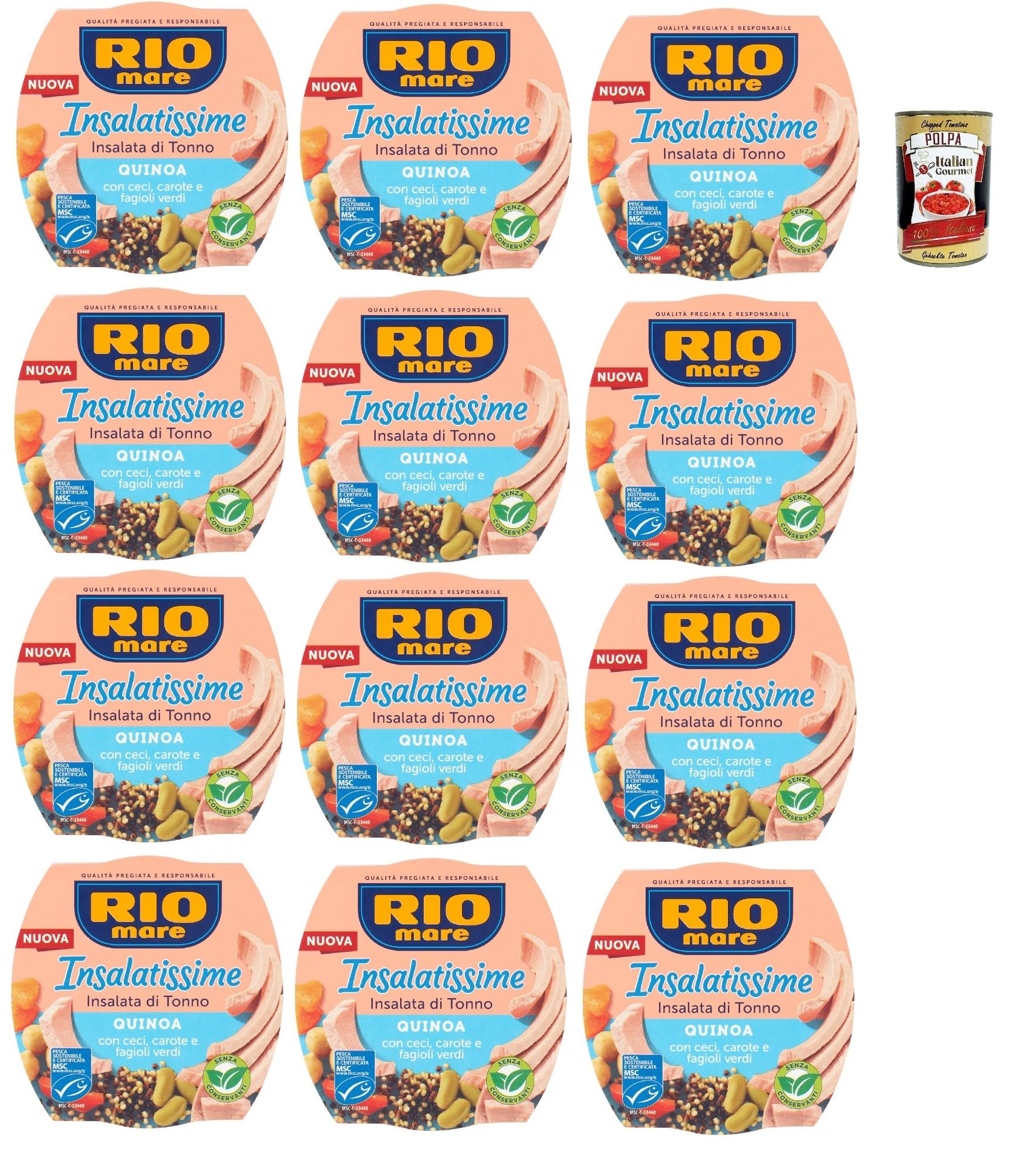 Rio Mare Insalatissime di tonno Gusto Quinoa, Tuna Salad, Thunfischsalat mit Quinoa, Kichererbsen, Karotten und grünen Bohnen 12x 220 g + Italian Gourmet polpa 400g