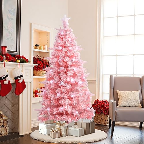 Miniatura 10 de LuxenHome - Árbol de Navidad artificial de 6 pies, color rosa