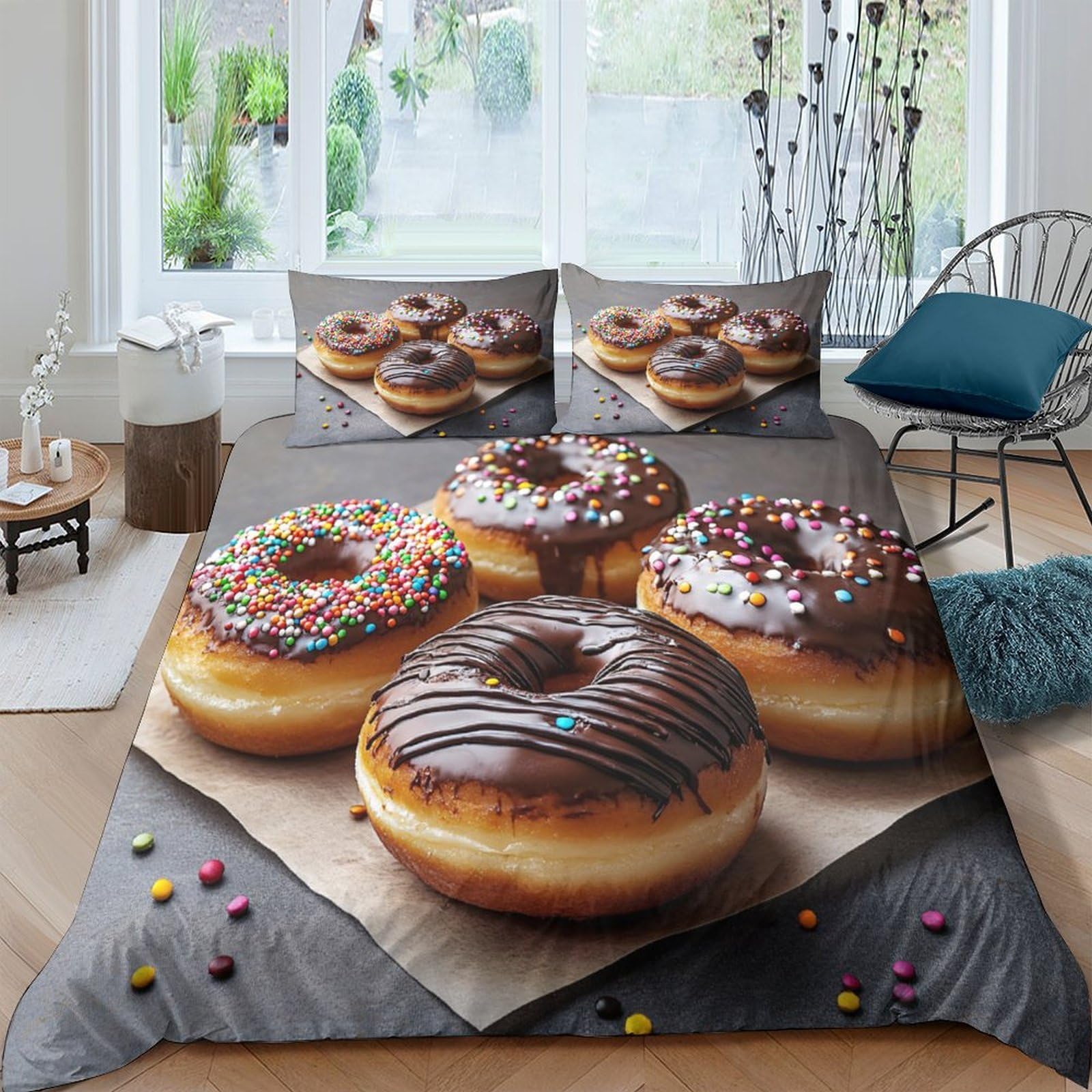XFKLYNVCJ 3D Printed Chocolate donuts Comforter Cover Brushed Microfiber sweet dessert style Bed Cover Machine Washable No Iron for Student Dormitory College Bedroom Use Double（200x200cm）