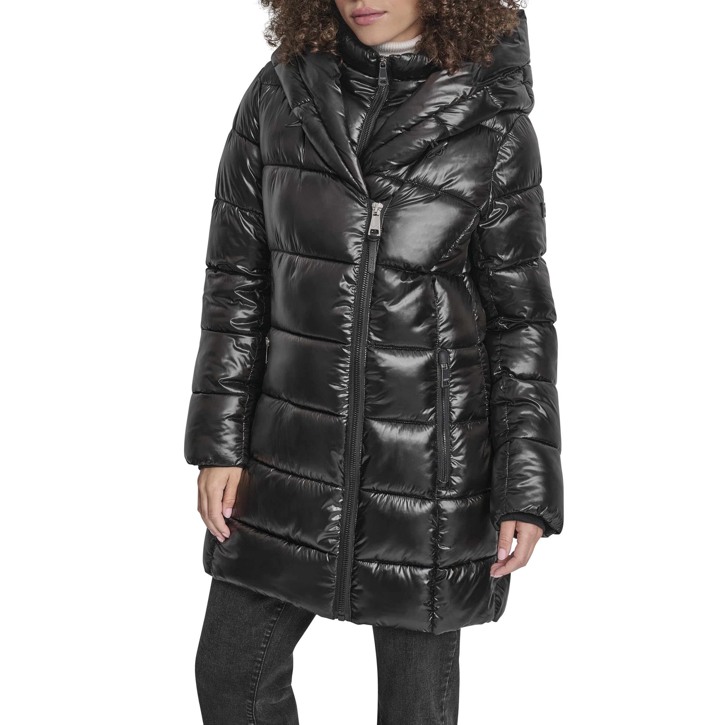 DKNY Women's Shine Puffer Coat with Bib and Shawl Collar – Winter