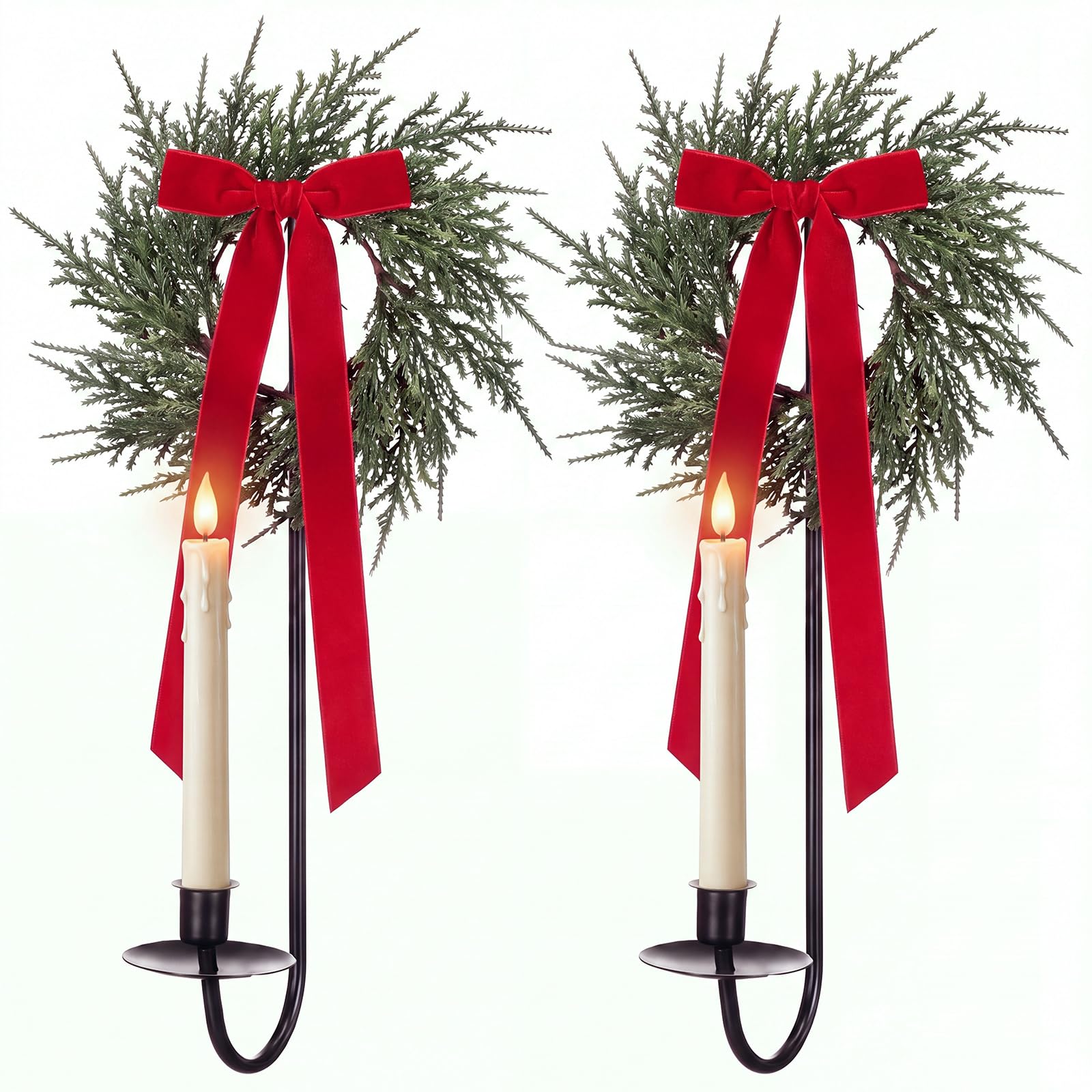 2 Set Christmas Metal Wall Candle Sconce Holder with Bow Wreath, Red