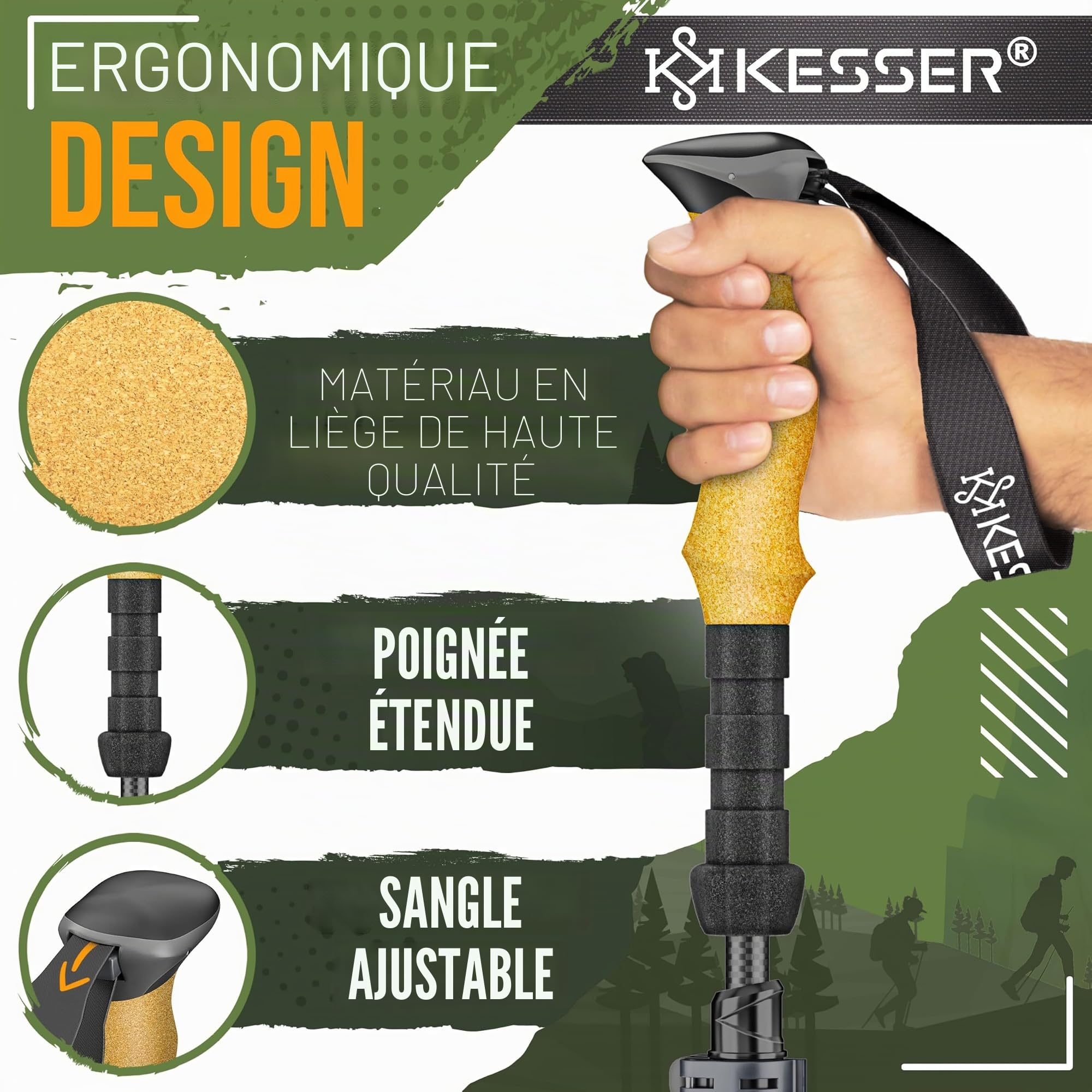 KESSER® Bâtons de randonnée pliables/télescopiques | Bâtons de marche nordique pour homme et femme | Bâtons de randonnée en aluminium/carbone avec poignée en liège 105-120 cm | Bâtons de trekking pour