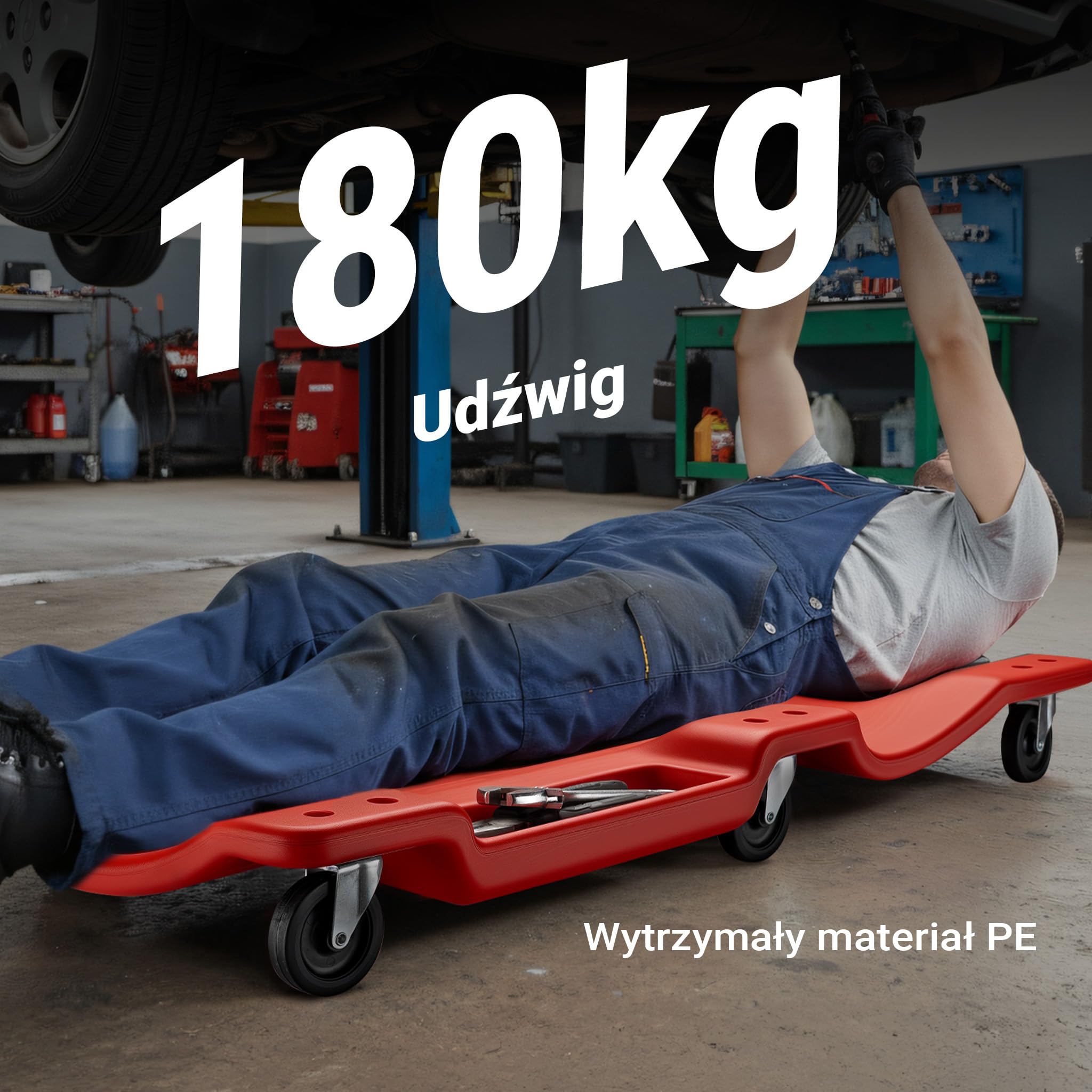 Ławka montażowa samochodowa Wiltec 102x48x12 cm do 180 kg wykonana z tworzywa sztucznego, deska na kółkach ze zdejmowanym zagłówkiem i schowkami na narzędzia, ławka na kółkach, ławka warsztatowa
