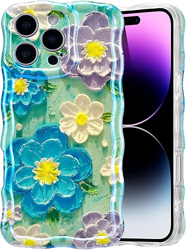 Miniatura 14 de EYZUTAK - Funda protectora de TPU para iPhone 12 Pro, estilo retro colorido, diseño láser brillante de pintura al óleo, estampado floral, borde Azul