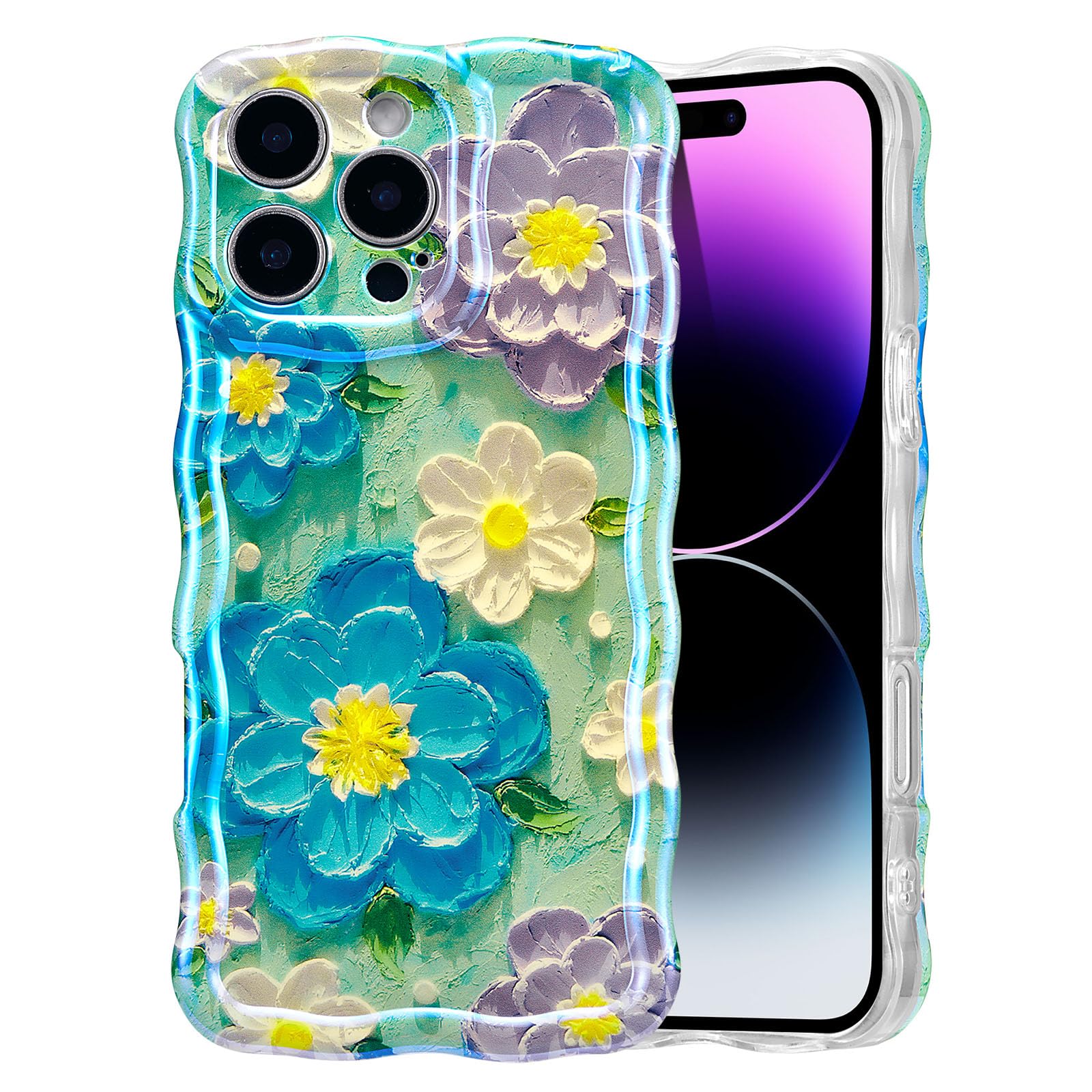 EYZUTAK Case for iPhone 15, Colorful Retro Oil Painting Flower Laser Beam Glossy Pattern Cute Curly Waves Border Exquisite Phone Cover Stylish Durable Soft TPU Protective Case for Girls Women - Green — view 19