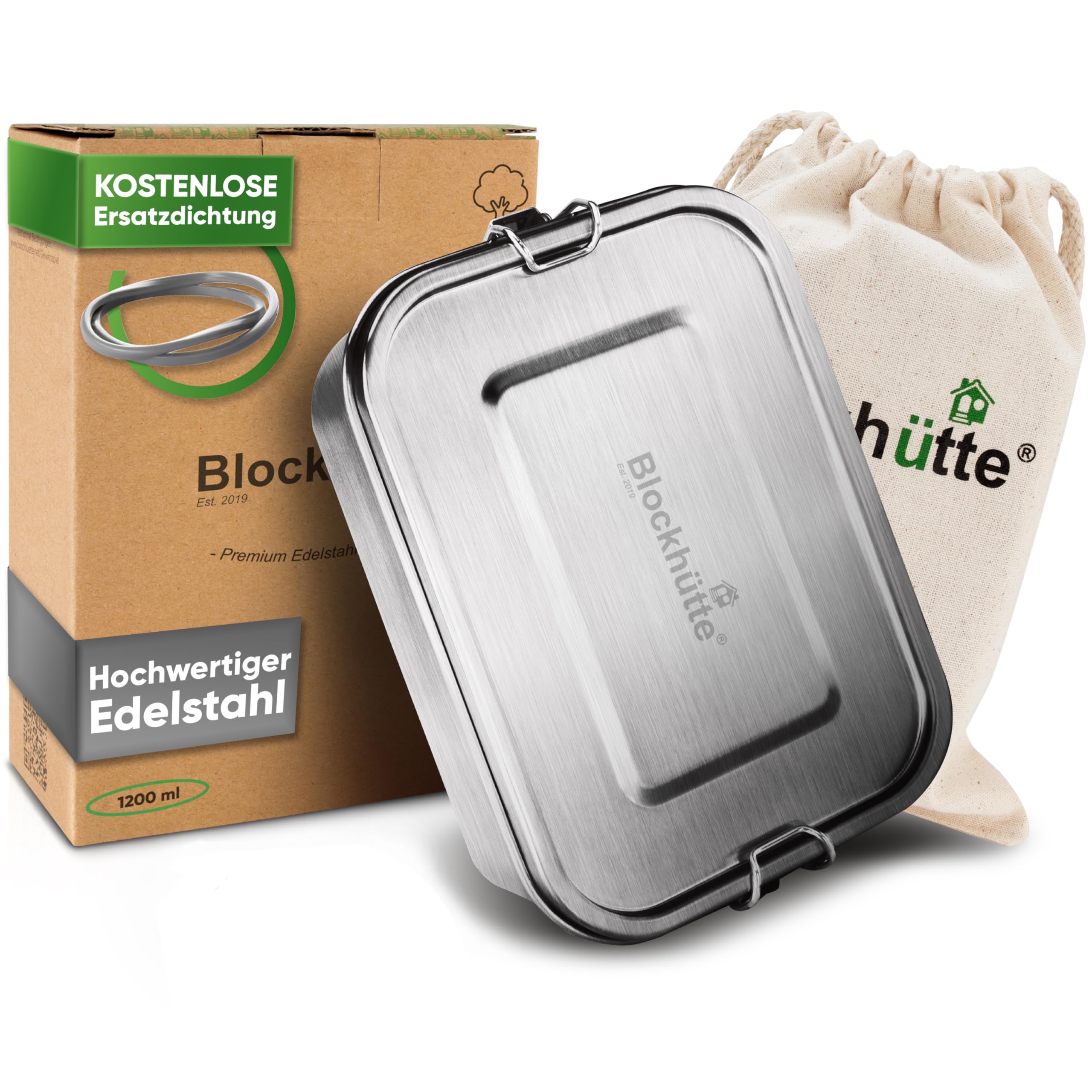 Blockhütte Premium Edelstahl Brotdose I 1200ml I für Kinder inkl Fächern und Ersatzdichtung, Die Bento Box mit Trennwand ist auslaufsicher, Brotzeitdose klein