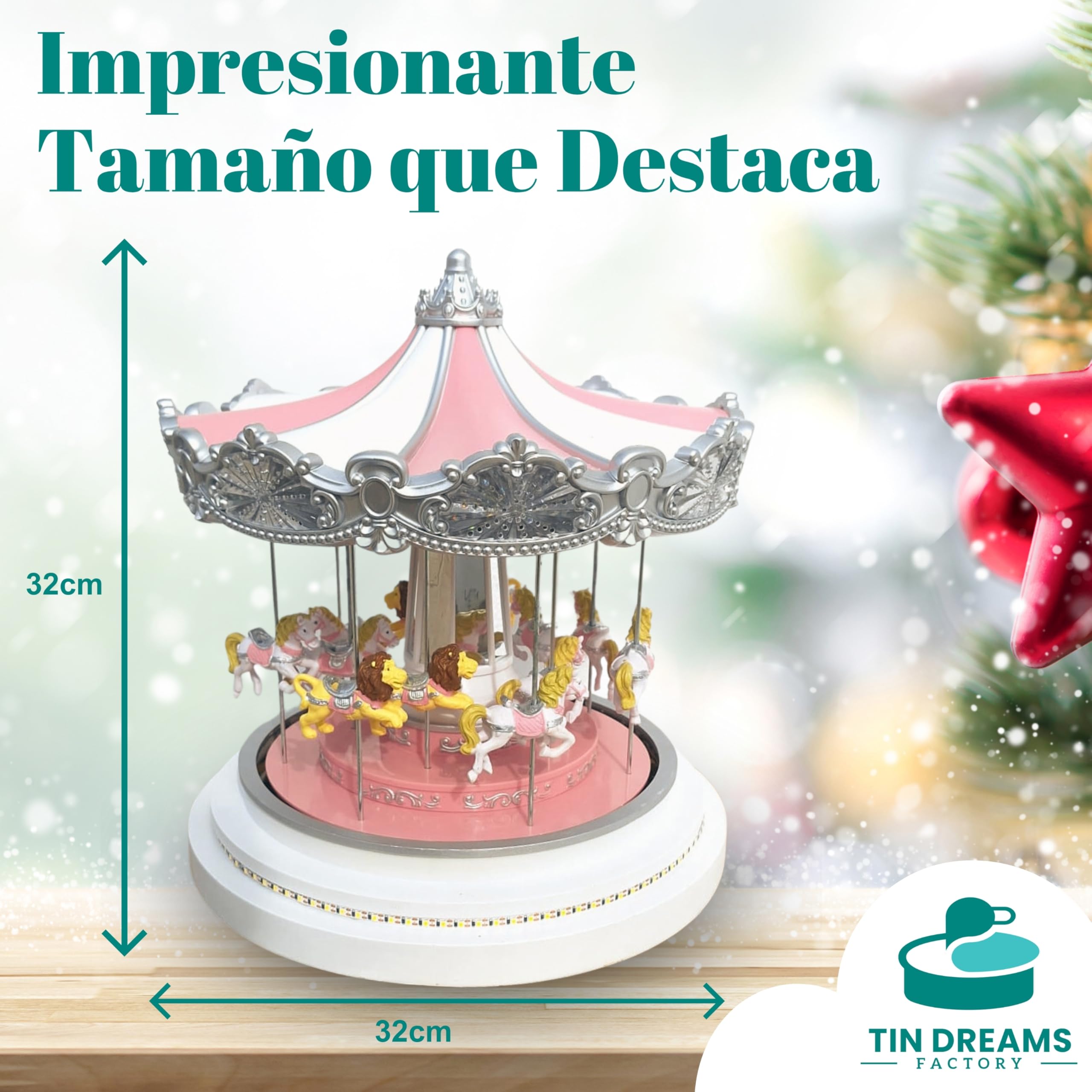 Tin Dreams | Carrusel Navidad Grande con Movimiento, Música, Luces LED y Bluetooth | Tiovivo Decorativo | Pueblo Navideño, Villa, Aldea Miniatura, Escena Animada Iluminada | Adorno Decoración Hogar