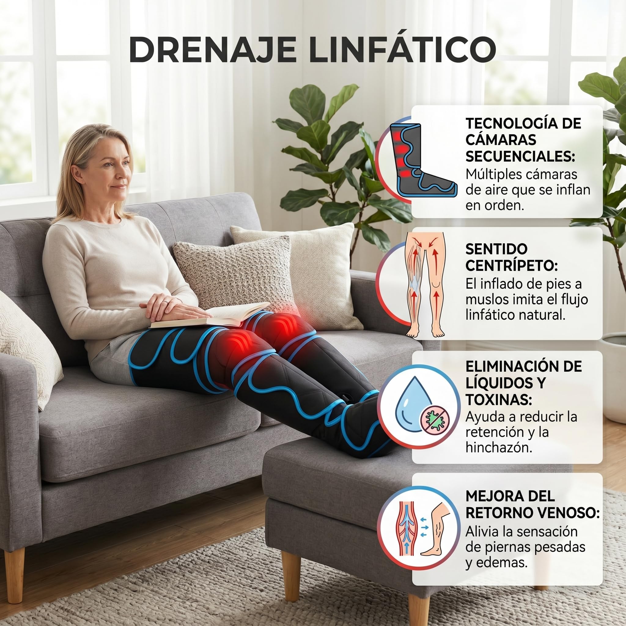 ECODE® Presoterapia para Piernas con 6 Modos, Calor, Vibración y Masaje - Botas Completas de Compresion para Alivio de Cansancio, Drenaje Linfatico, Relajación y Mejora de la Circulación en Casa