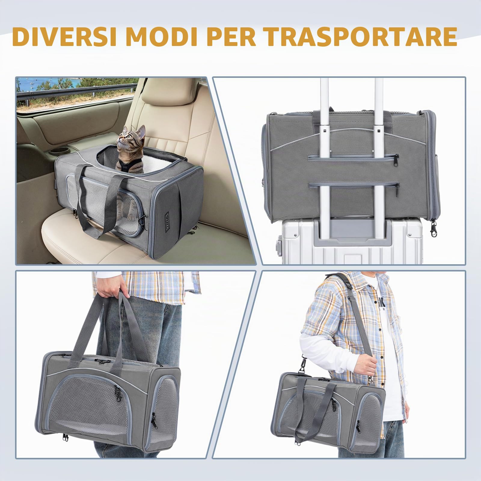 Petsfit Trasportino per Gatti e Cani Traspirante Leggero Trasportino per Cani con 2 Cuscini Lavabile Borsa da Viaggio per Aereo Auto - S/Grigio