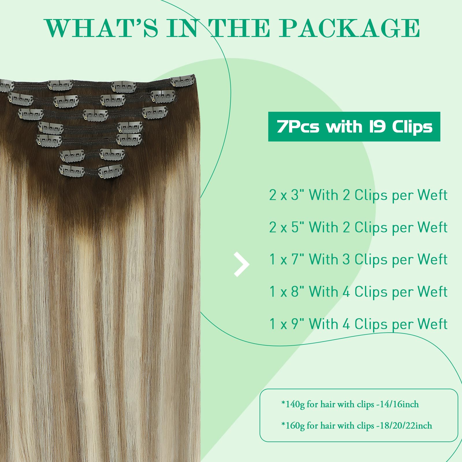 SURNEL Clip in Hair Extensions Human Balayage Color 3 Fading to 8 and Highlight 22 Blonde Extensions Clip in Hair for Women 7Pcs 160 Gram 20 inch Double Weft (7C#3/8/22-20) - Image 2