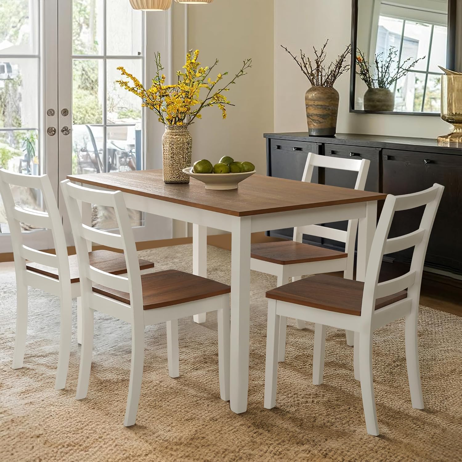5-Piece Solid Wood Table Set, Dining Table Set for 4, Farmhouse Rectangular Kitchen Table, Space-Saving Dinette Table Set for Dining Room, Office, Terrace, Courtyard – White 5-Piece Solid Wood Table Set, Dining Table Set for 4, Farmhouse Rectangular Kitchen Table, Space-Saving Dinette Table Set for Dining Room, Office, Terrace, Courtyard – White