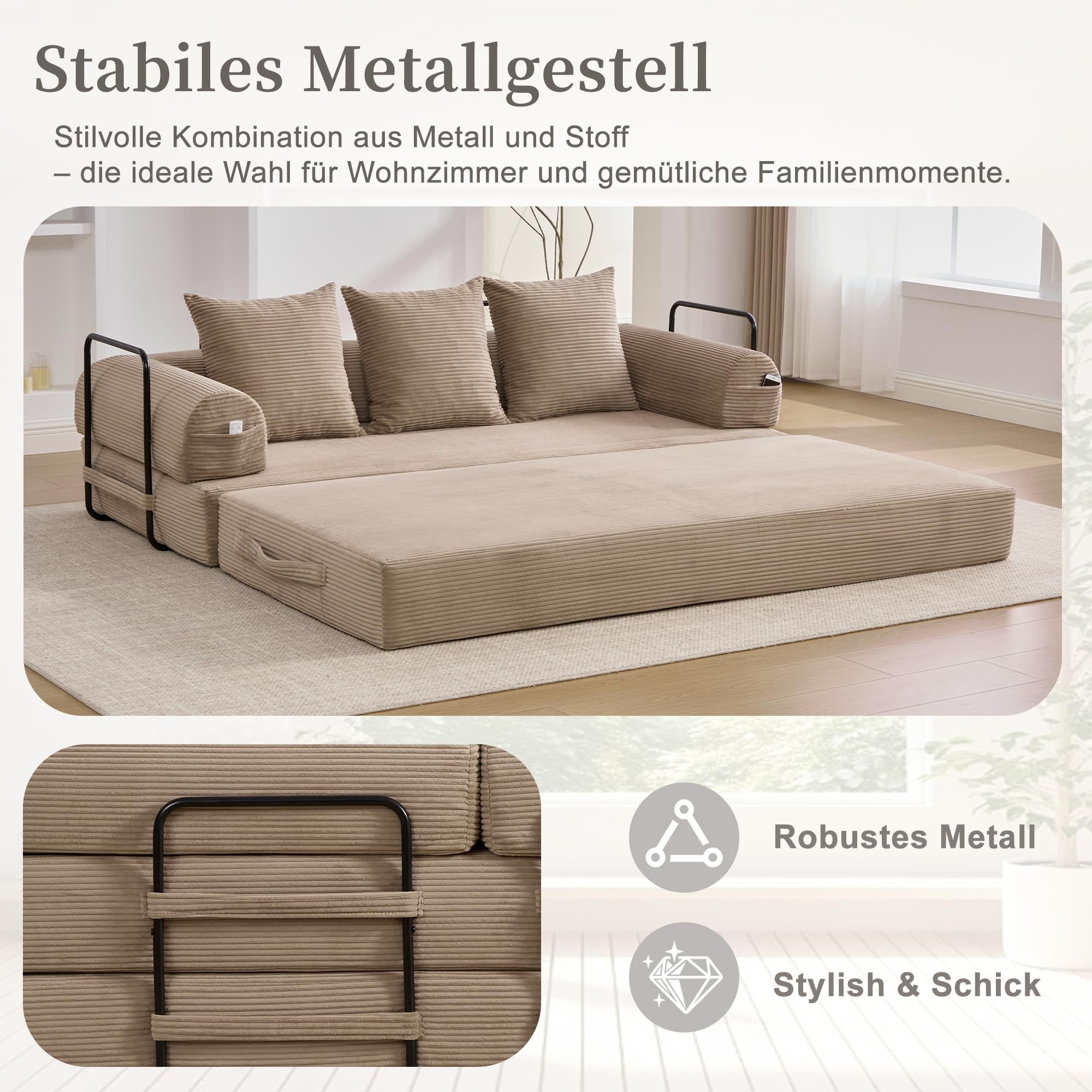 Sofá modular, sofá sin huesos, sofá cama, sofá con función de dormir, plegable, con estructura de metal robusta, bolsillos laterales + 3 cojines, 200×94×67cm (Jaque)