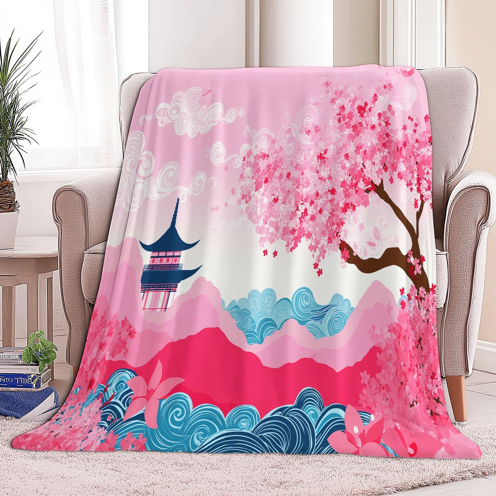 Flanelowy koc polarowy Rośliny Kwiaty Wiśni Elegancja Polar Pled, narzuta na sofę Wygodny podwójny koc na łóżko 2-osobowy koc zimowy w kratę, 220 x 240 cm różowy